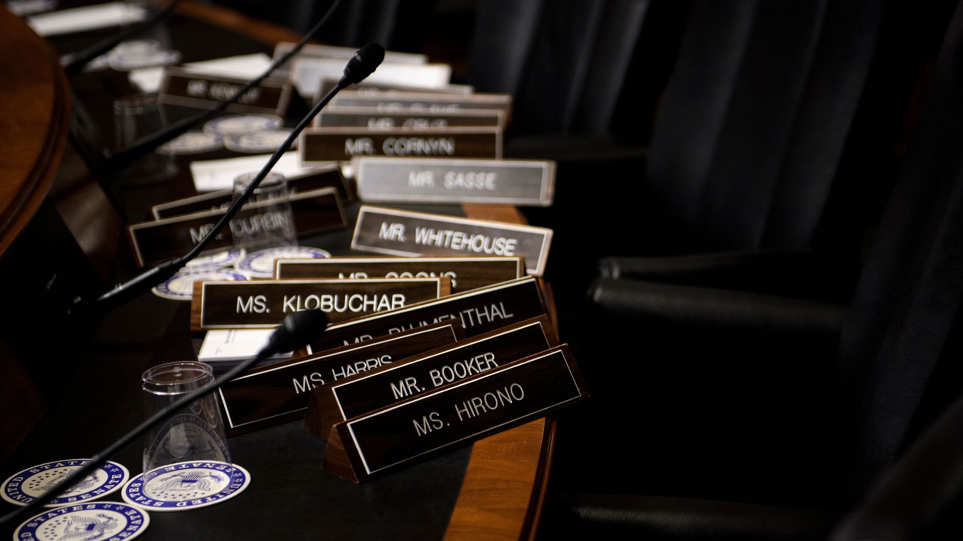 Name plates are seen as the Senate Judiciary Committee's room on Capitol Hill during preparations one day before the hearing with Blasey Ford and Supreme Court nominee Judge Brett Kavanaugh. 