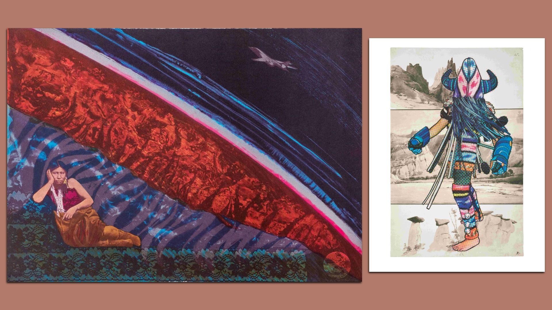 Left image: Woman reclining on patterned fabric under a red and blue arc with a flying bird in dark sky. Right image: Figure in colorful tribal costume with striped patterns and blue arm guards, set against rocky landscape.