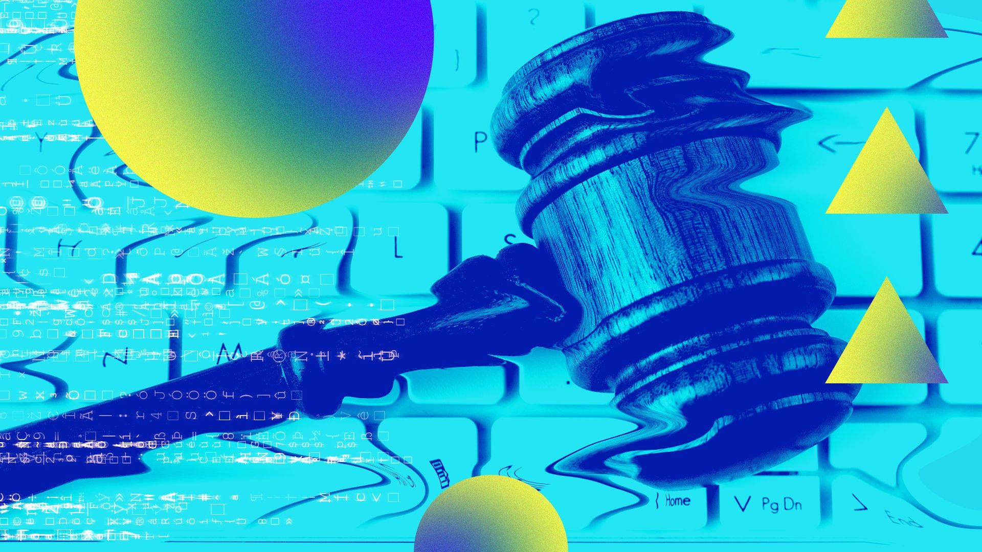 Illustration of a distorted gavel and keyboard, with abstract shapes around them.