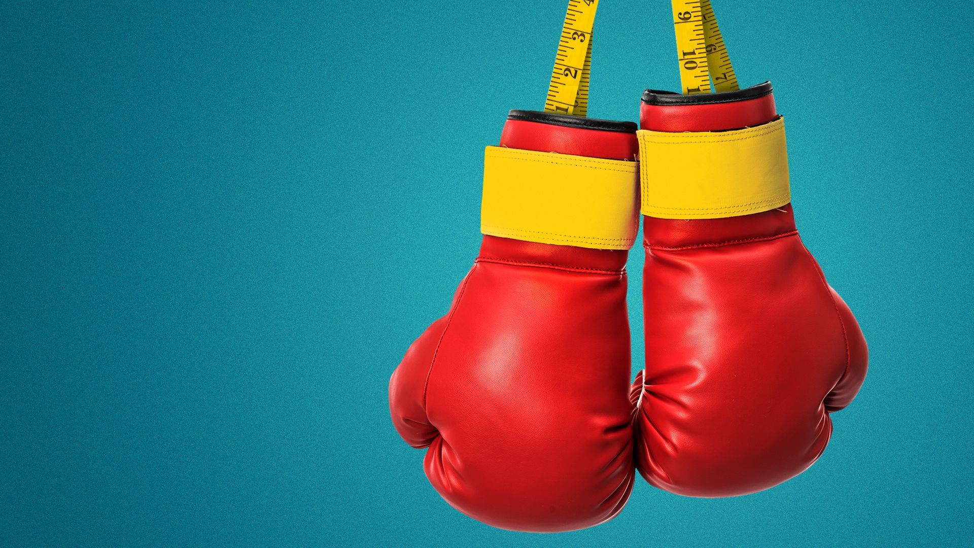 an illustration of boxing gloves hanging up by measuring tapes instead of strings