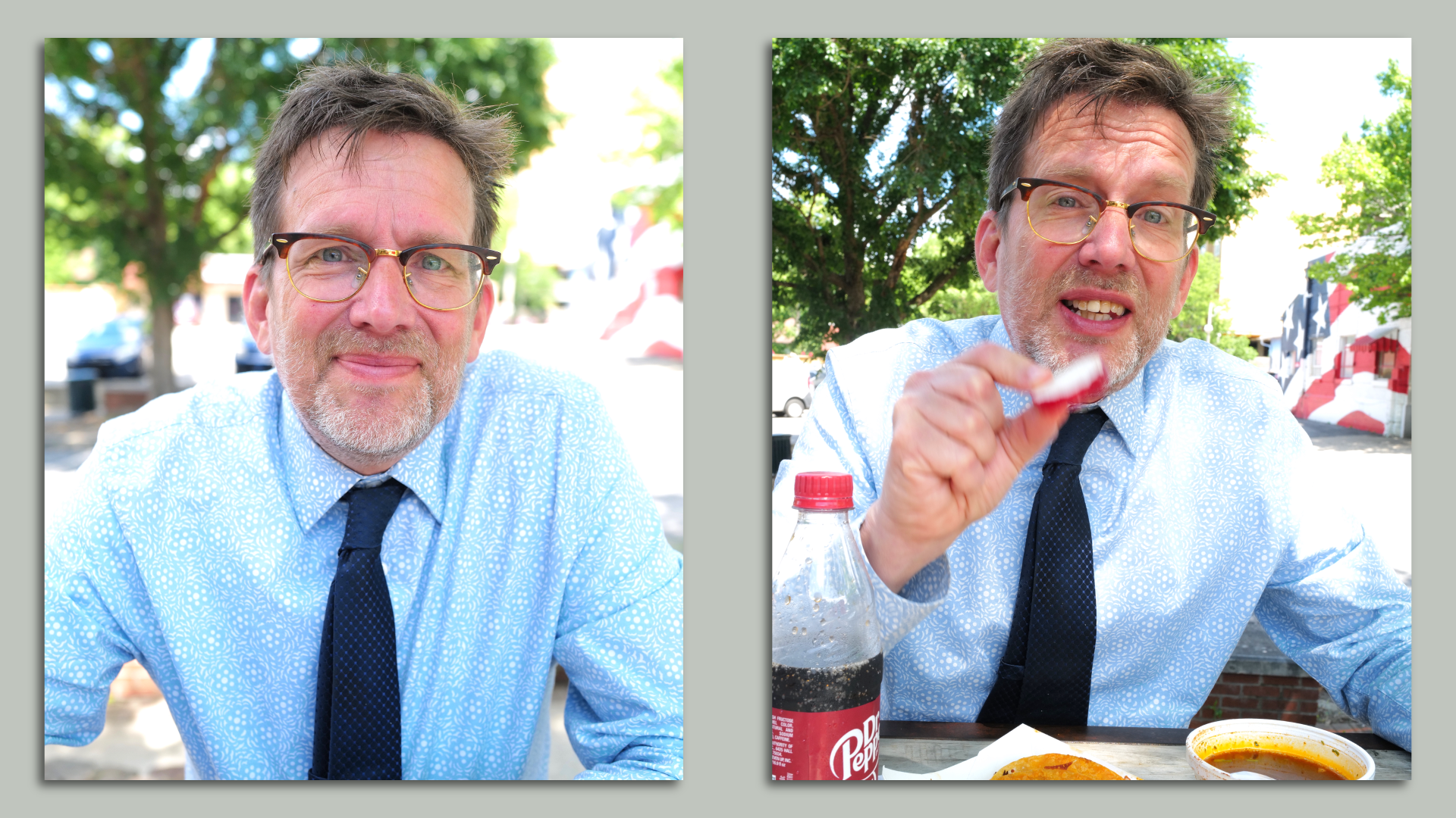 A composite image of a man in a tie sitting at a picnic table; one looking at camera, the other shaking a radish slice.