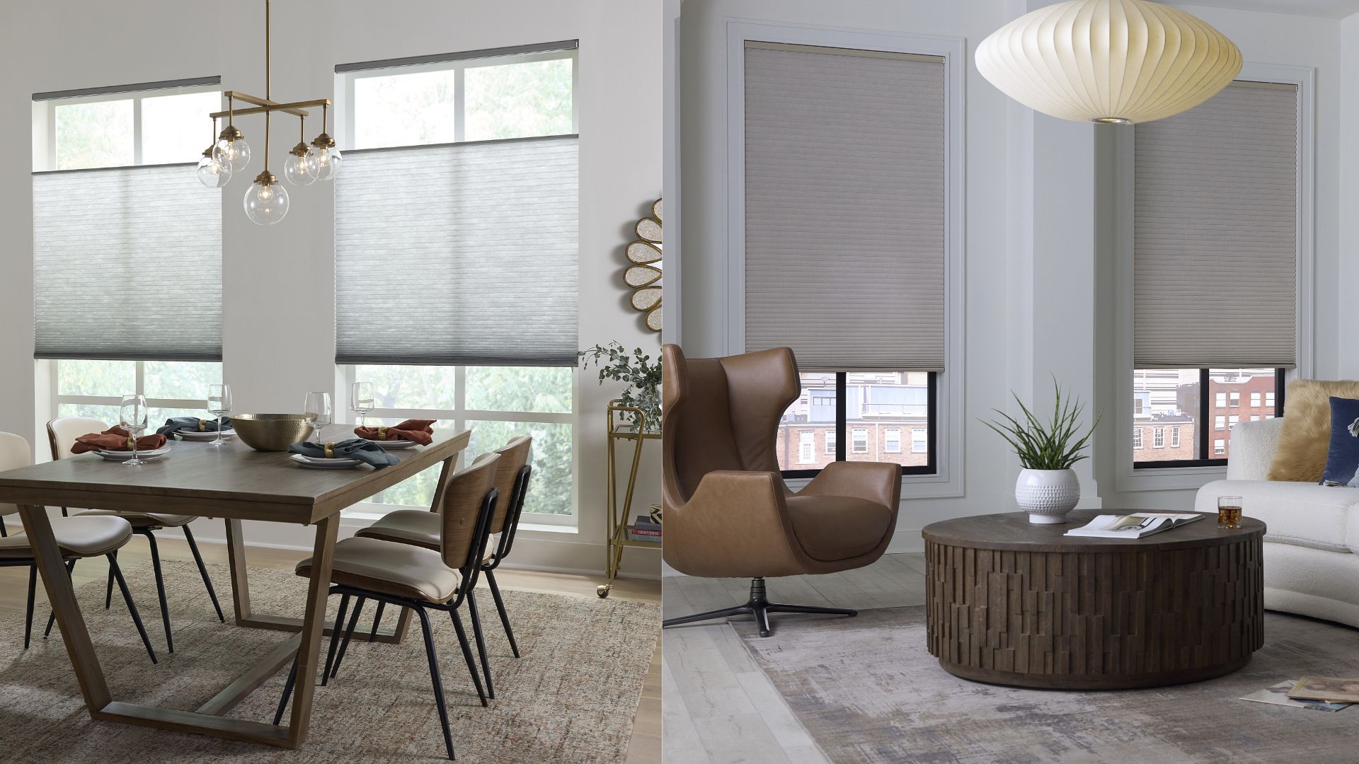 Modern dining and living rooms featuring neutral-colored cellular shades on large windows.