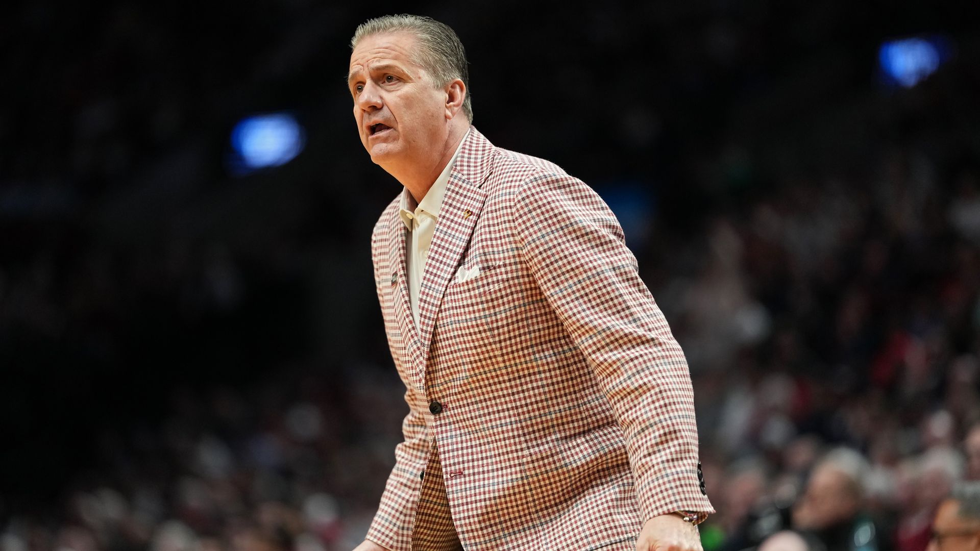 Head coach John Calipari of the Arkansas Razorbacks looks on against the High Point Panthers during the first half in the second round of the 2026 NCAA Men's Basketball Tournament at Moda Center on March 21, 2026 in Portland, Oregon.
