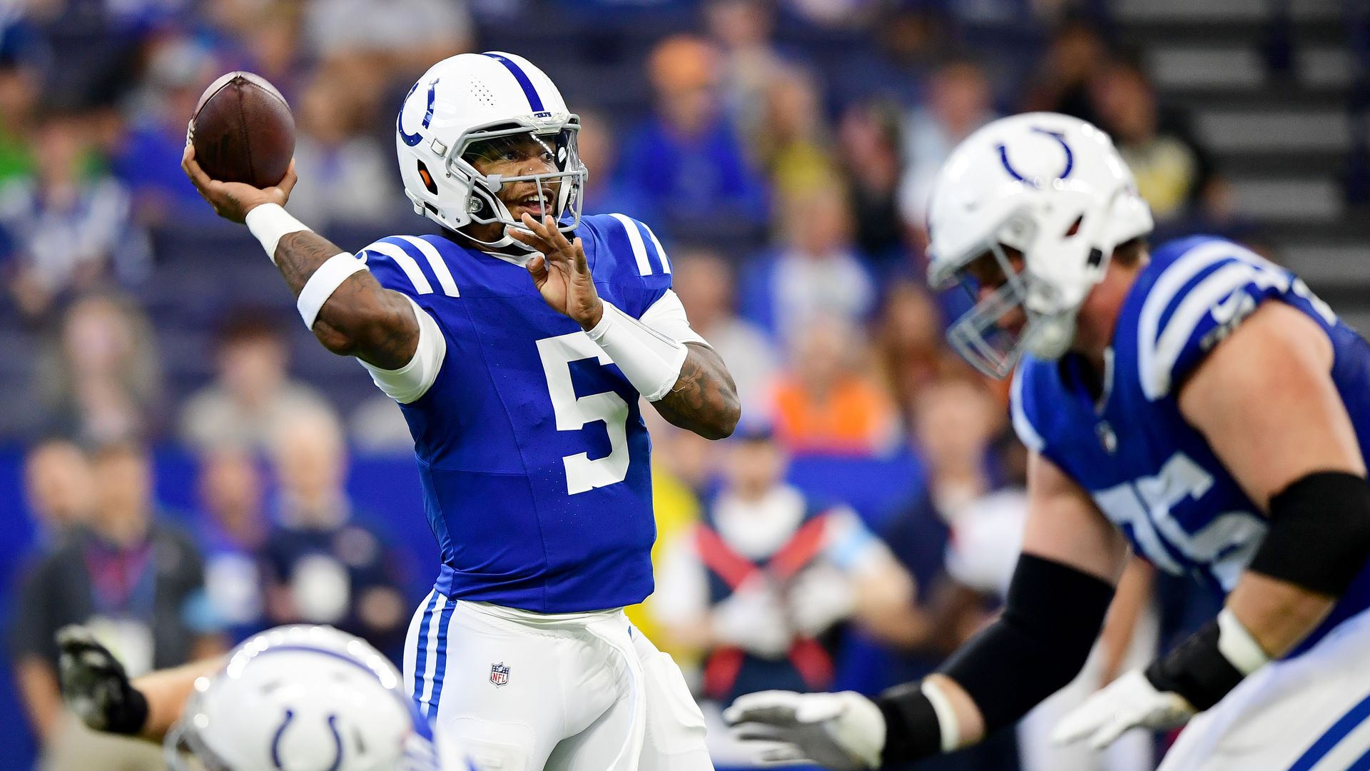 Anthony Richardson #5 of the Indianapolis Colts throws a pass in the first half during a preseason game against the Denver Broncos at Lucas Oil Stadium on August 11, 2024 in Indianapolis, Indiana.
