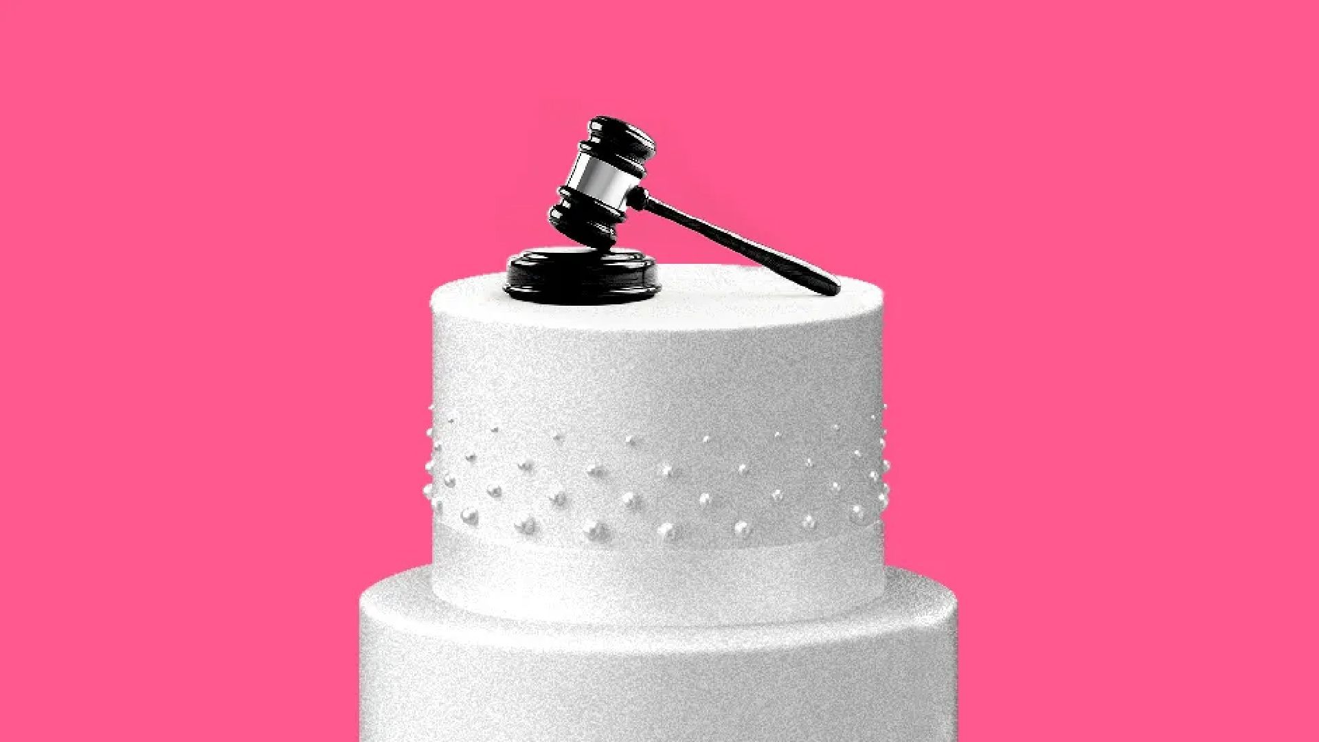 Illustration of a gavel on top of a wedding cake.