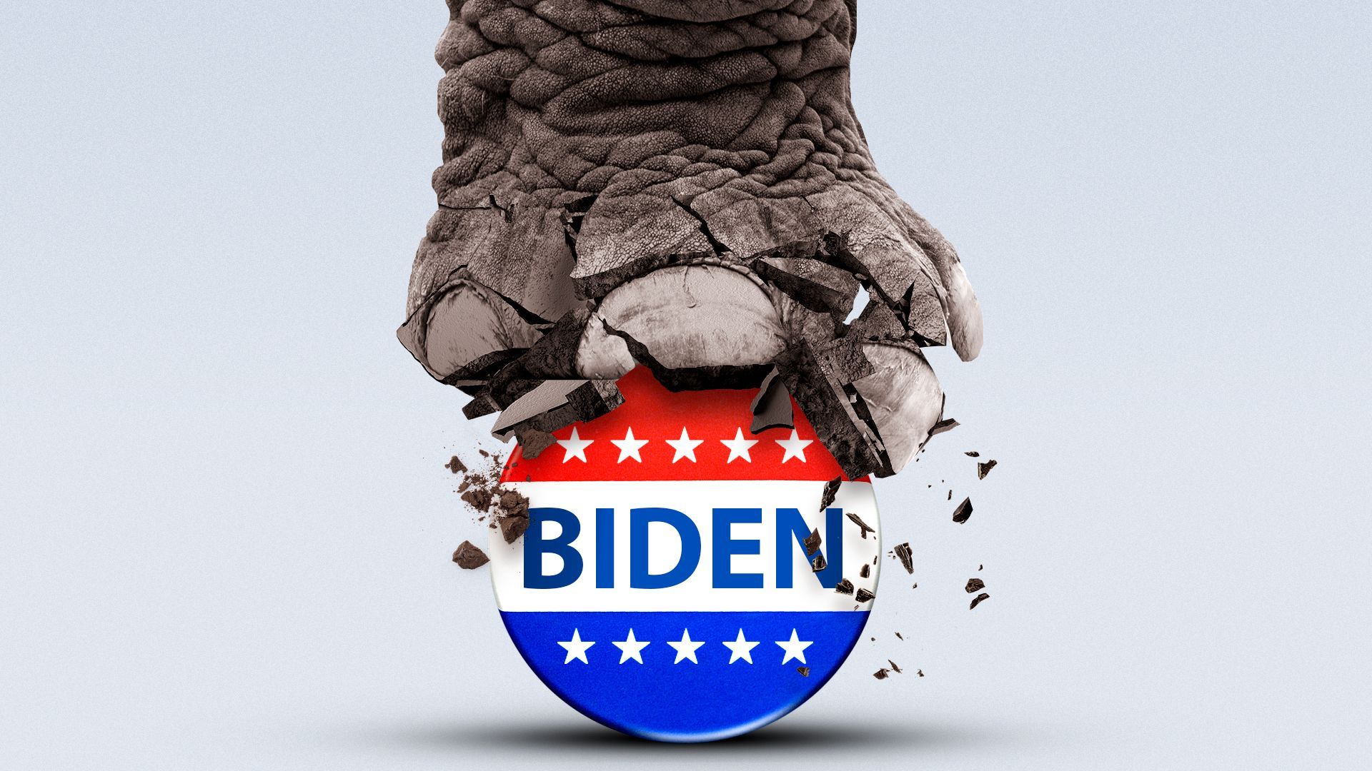 Illustration of an elephant foot crumbling and breaking as it steps on an upright Biden campaign pin.