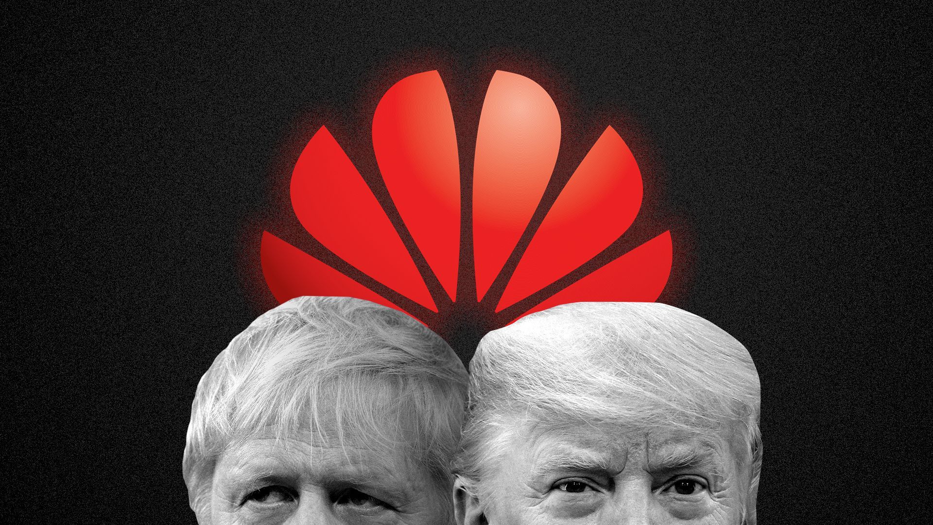 An illustration of Donald Trump and Boris Johnson in front of the Huawei logo