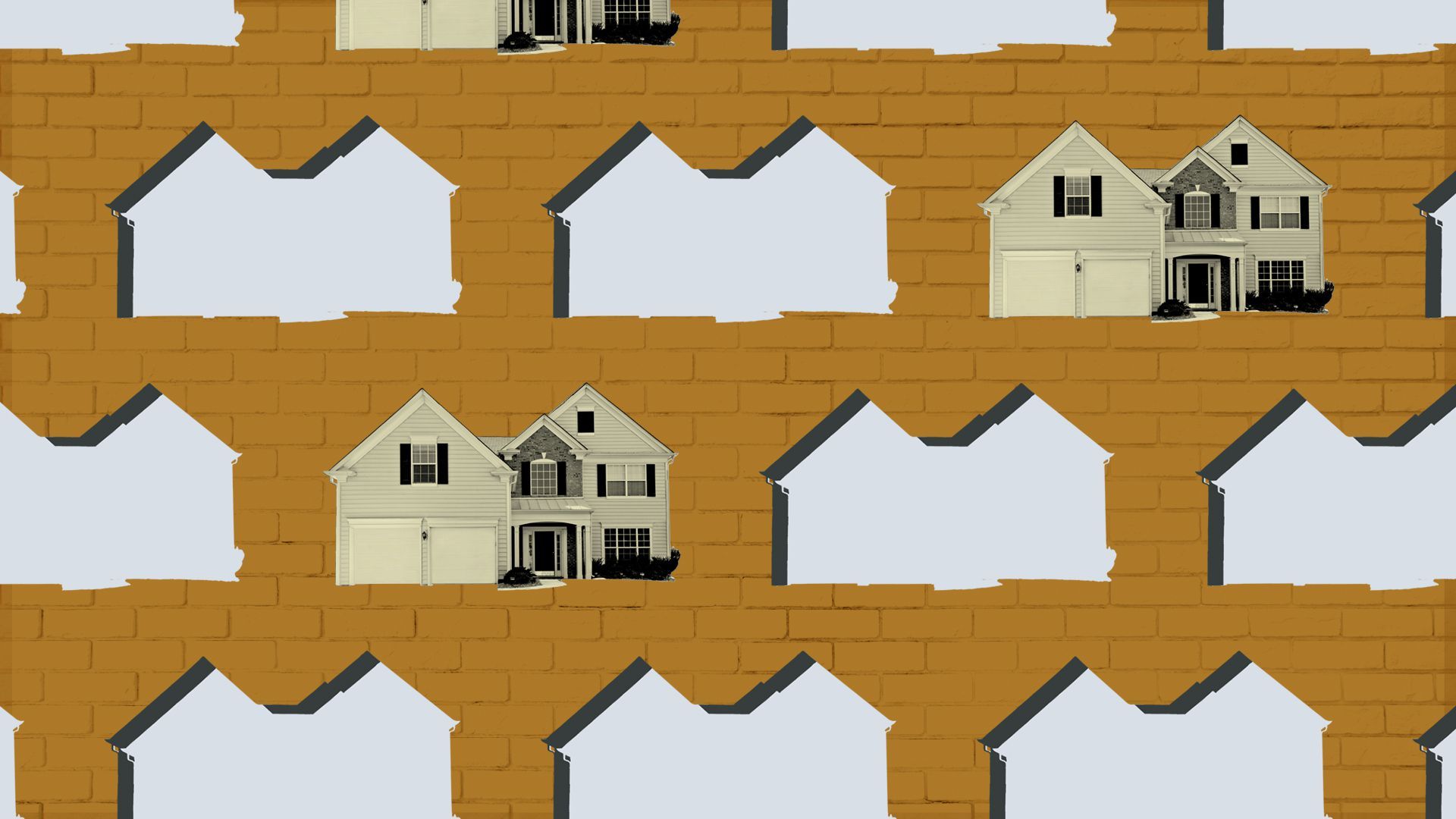Illustration of a pattern of houses, most of them cut out with emptiness behind them. 