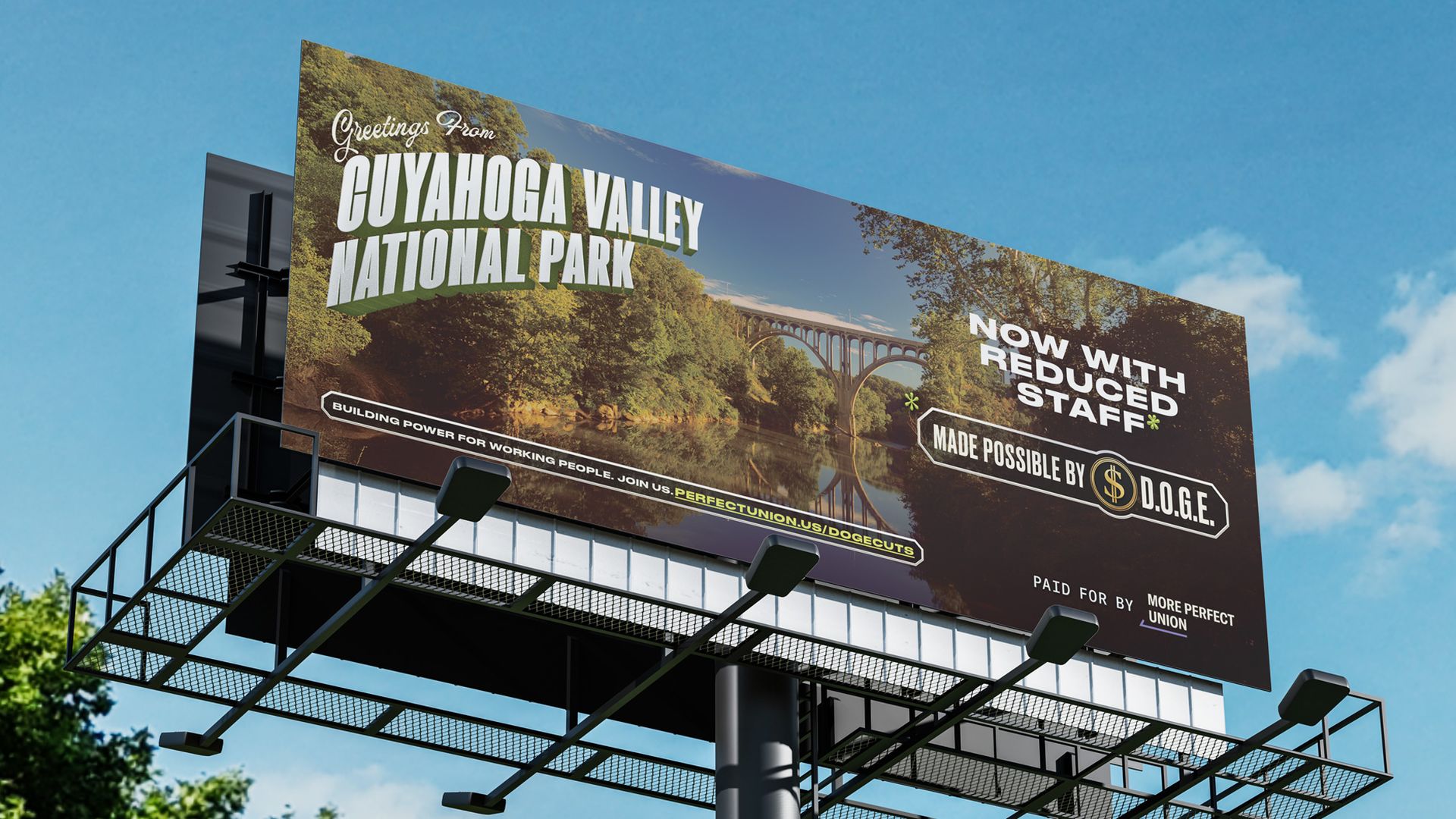 Image of a sign promoting Cuyahoga Valley National Park and protesting Trump admin cuts