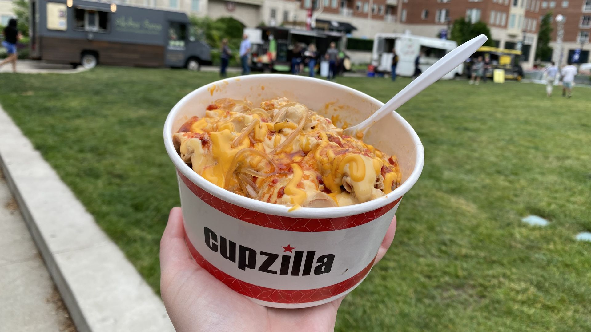 A close-up of a cup of Cupzilla Korean barbecue