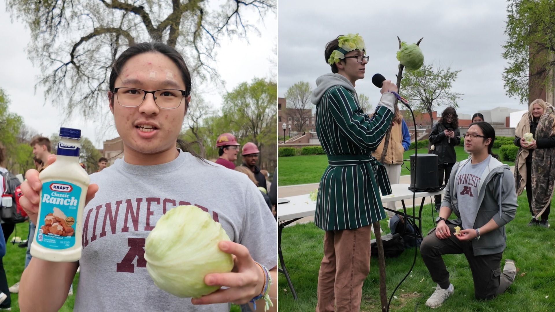 A man holds a bottle of ranch dressing and head of lettuce. A second photo shows him being crowned. 