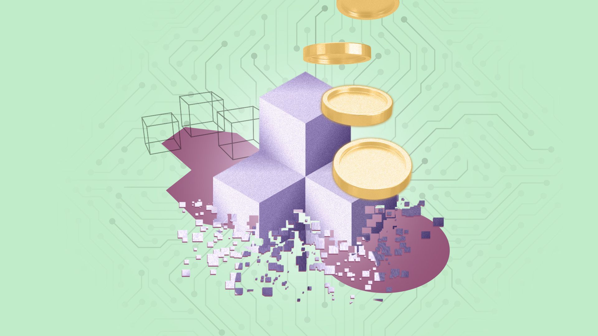 Illustration of cubes that become pixelated, digital coins, assorted shapes, and digital infrastructure.