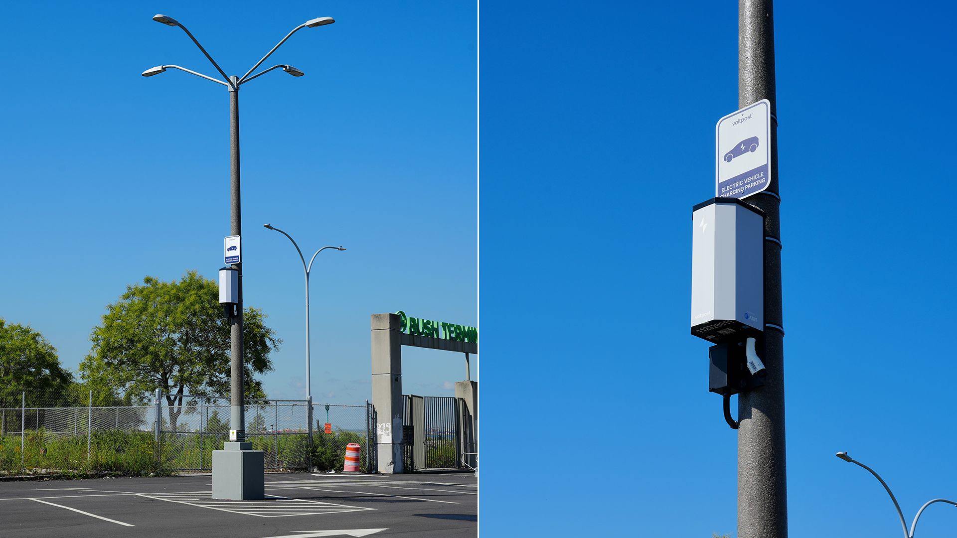 Two photos of an electric vehicle charger mounted on a light pole. The photo on the right is a closeup of the charger.