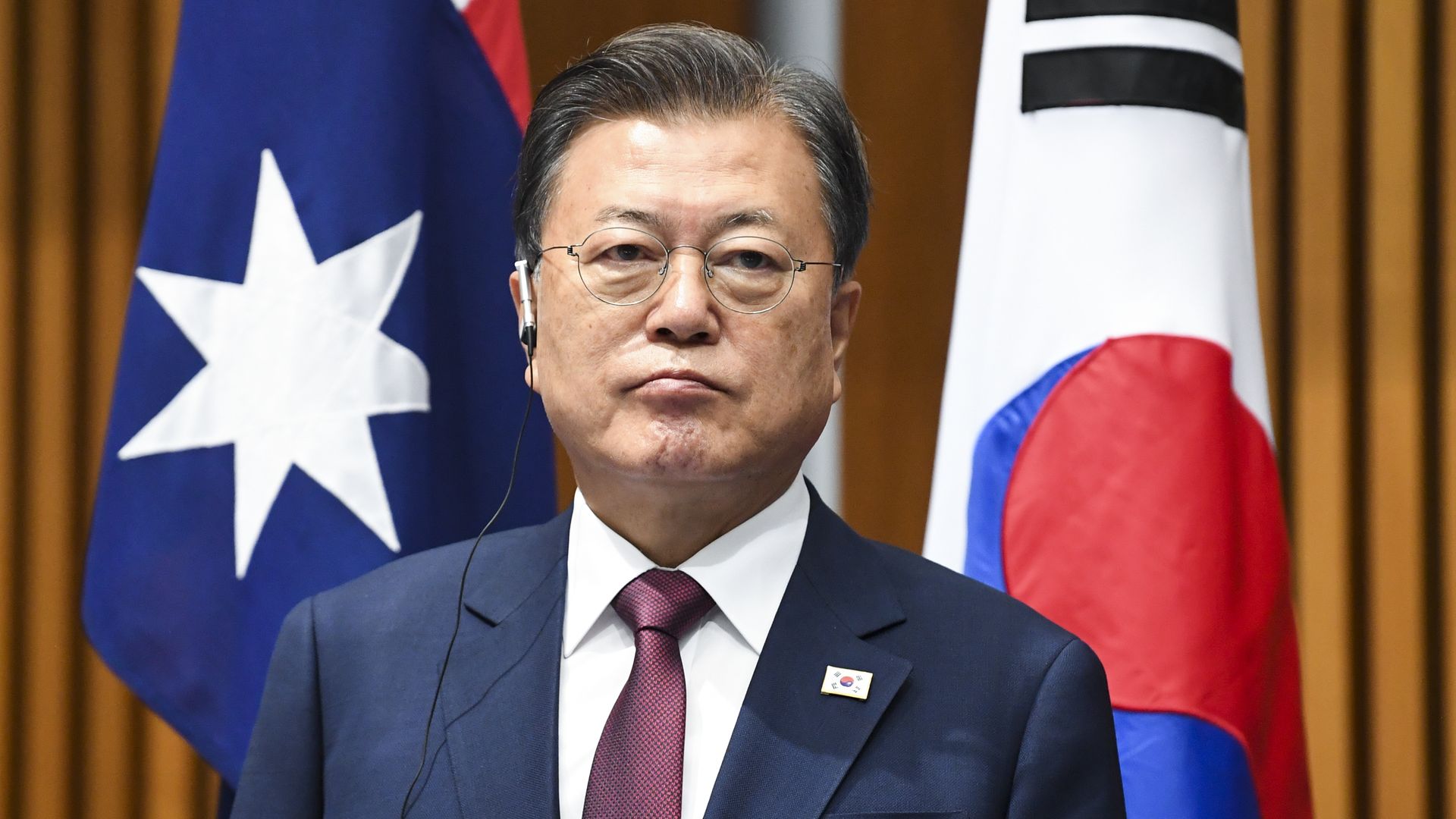 South Korean President Moon Jae-in witnesses a signing ceremony at Parliament House on December 13, 2021 in Canberra, Australia. 