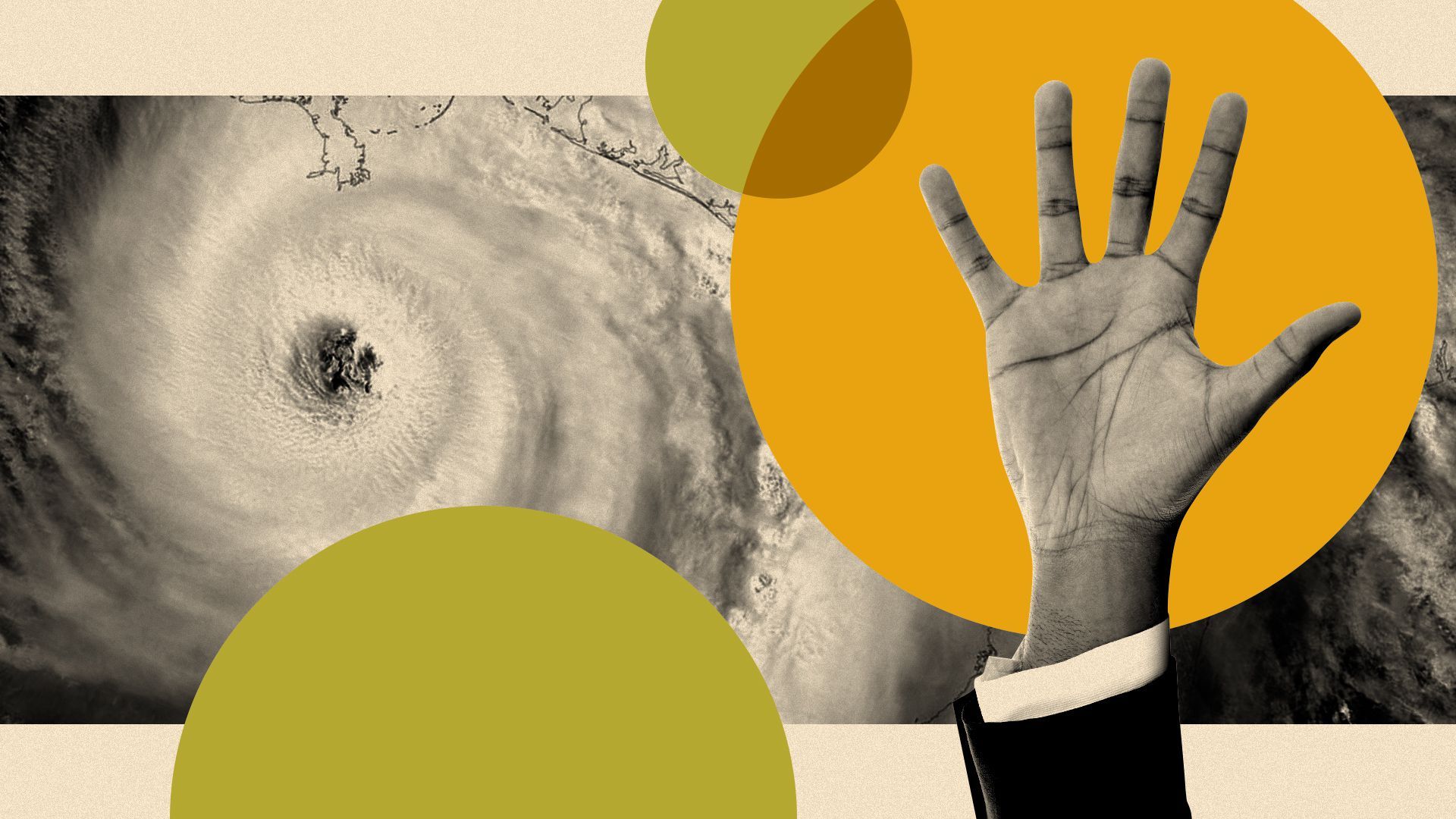 Illustration of a hand raised over a background of a hurricane.