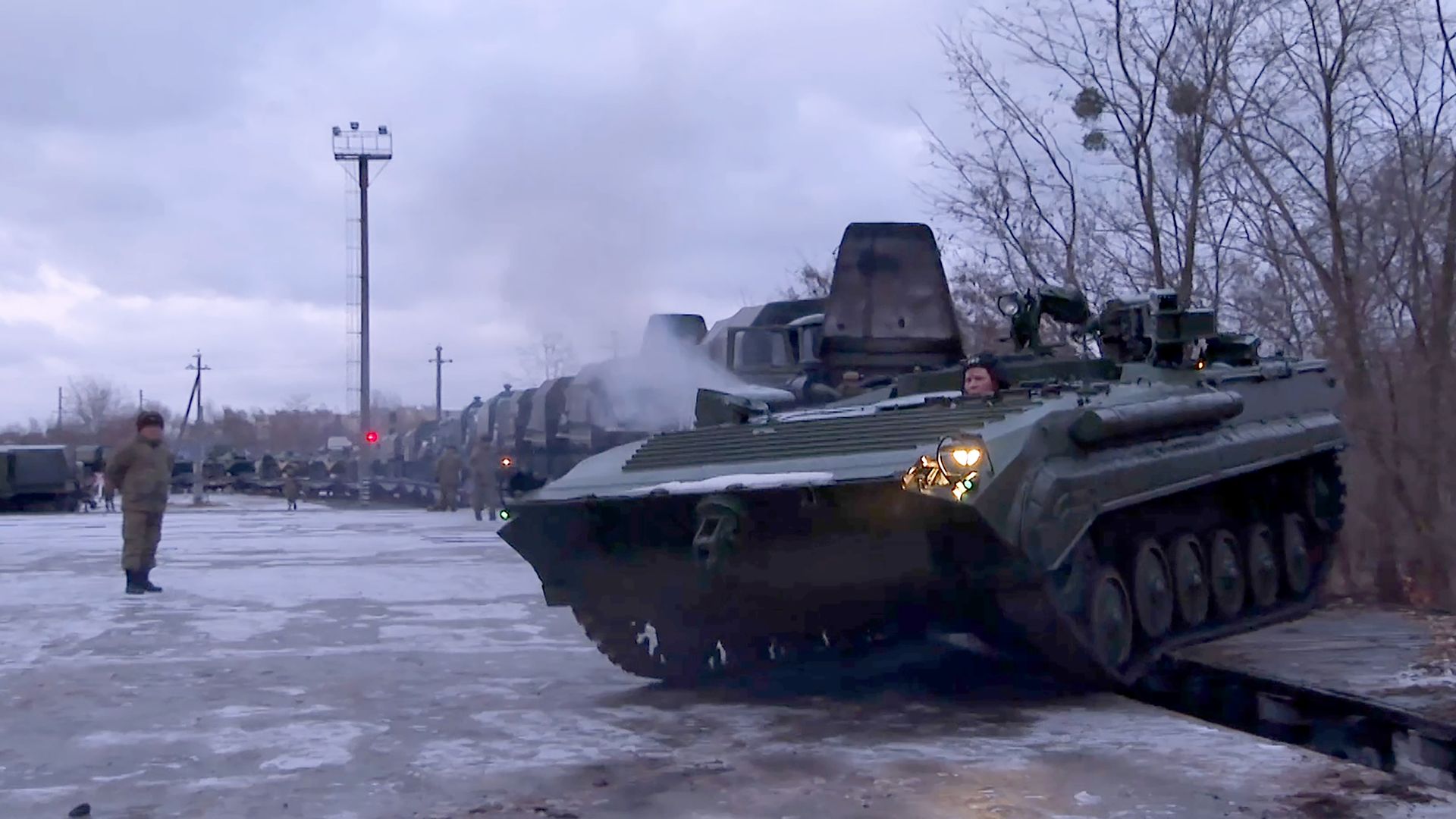 Servicemen of Russia's Eastern Military District units attend a welcoming ceremony in Belarus last week.