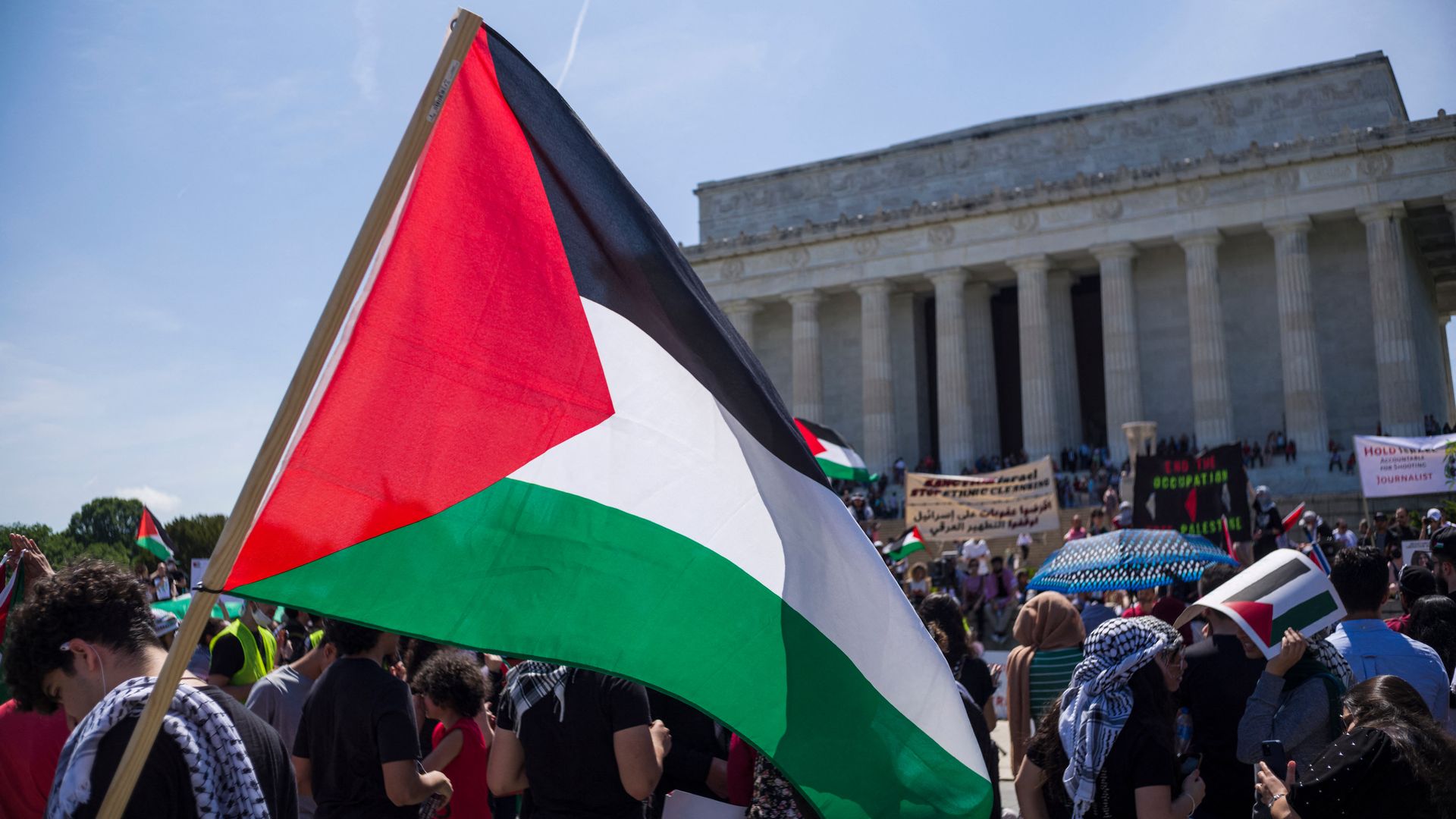 Activists take part in a rally to mark "Nakba", the "catastrophe" at the Lincoln Memorial in Washington, DC on May 15, 2022. 
