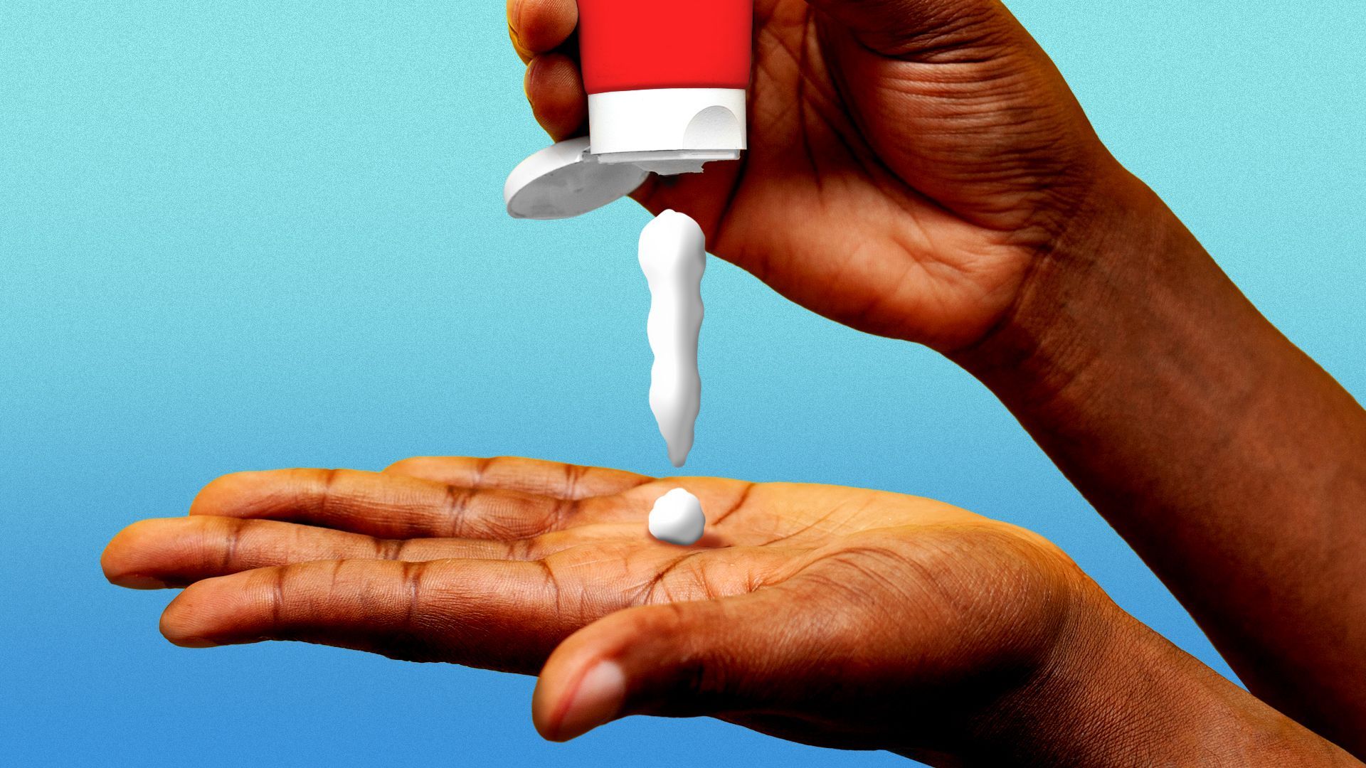 Illustration of a hand squeezing sunscreen out in the shape of an exclamation point into another hand