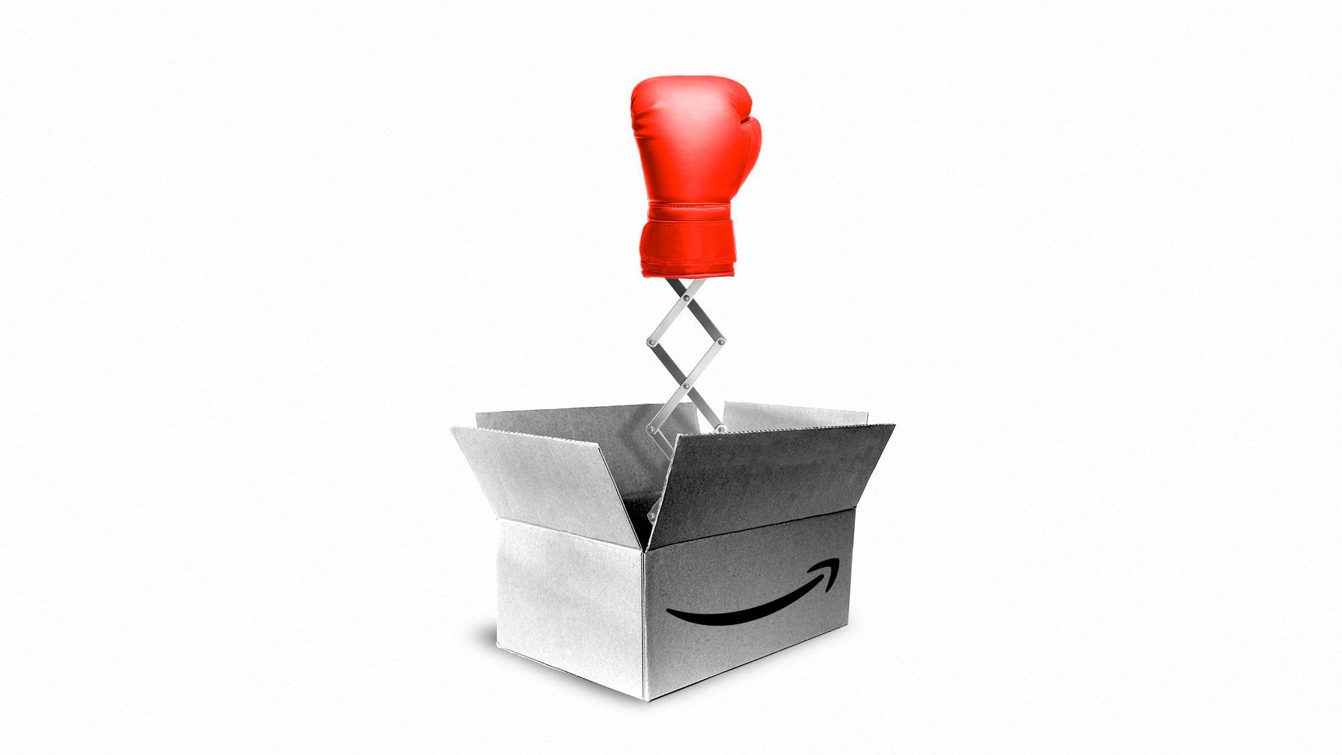 Illustration of an Amazon box with a boxing glove bursting out on a spring.