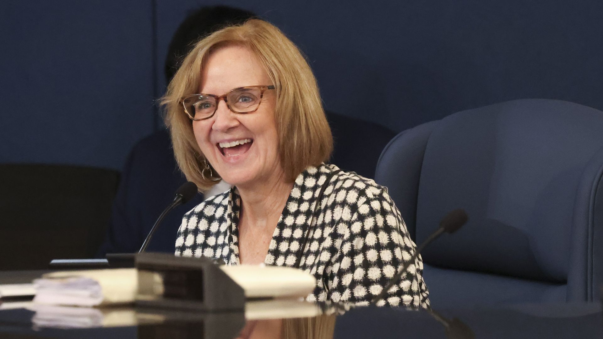 Commissioner Eileen Higgins smiles during the Miami-Dade County Commission meeting on Tuesday, April 1, 2025, at the Stephen P. Clark Government Center in downtown Miami, Fla. (Alie Skowronski/Miami Herald/Tribune News Service via Getty Images)
