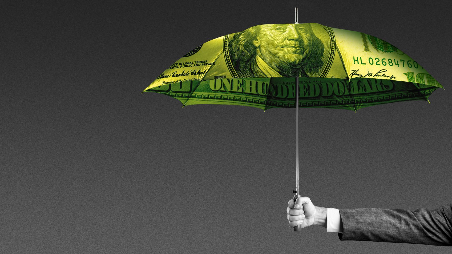 Illustration of a person in a suit holding an umbrella made of money