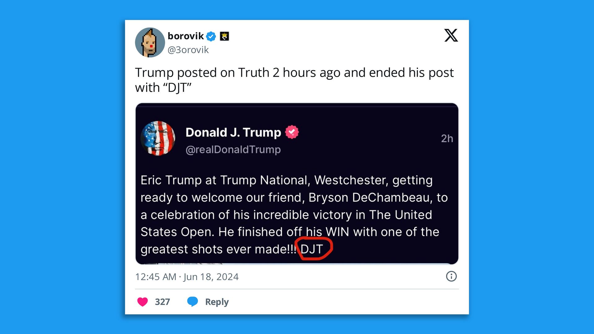 A tweet referencing a Donald Trump social media post on a different platform. 