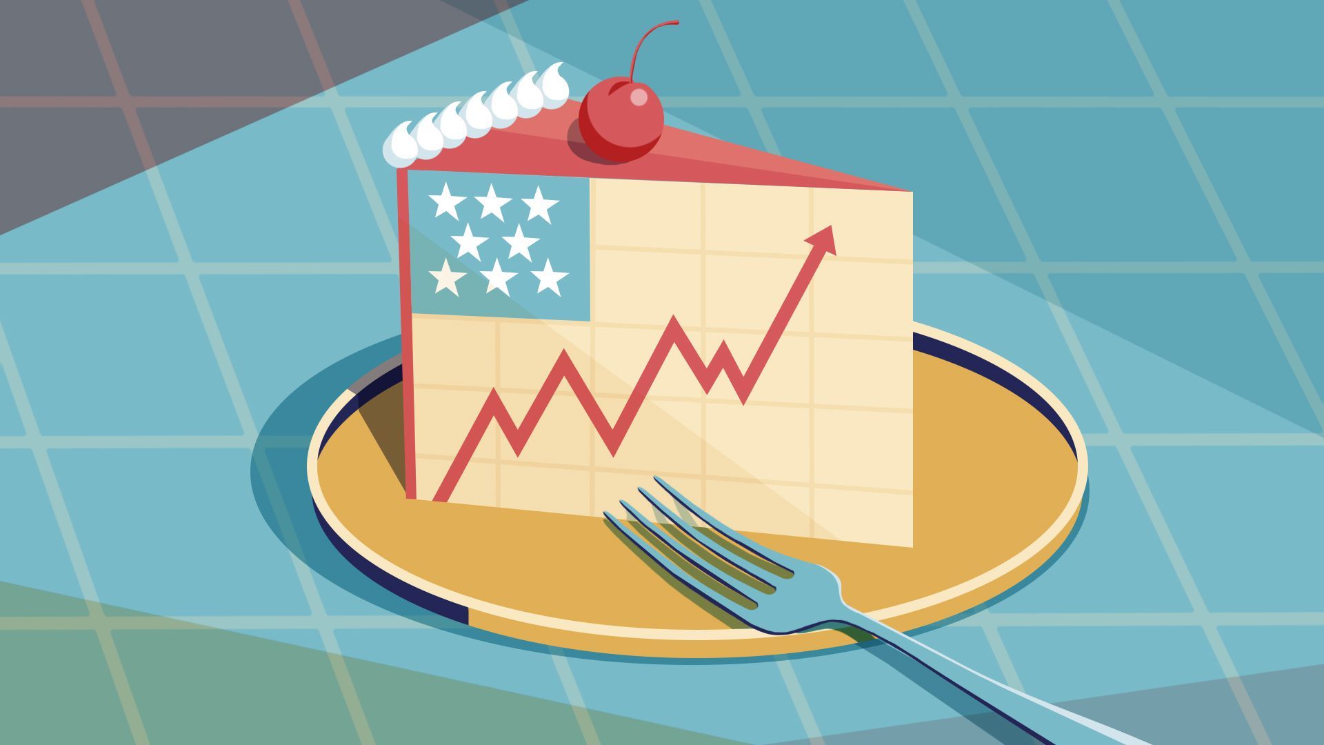 Illustration of a slice of pie in the shape of an American flag with chart elements