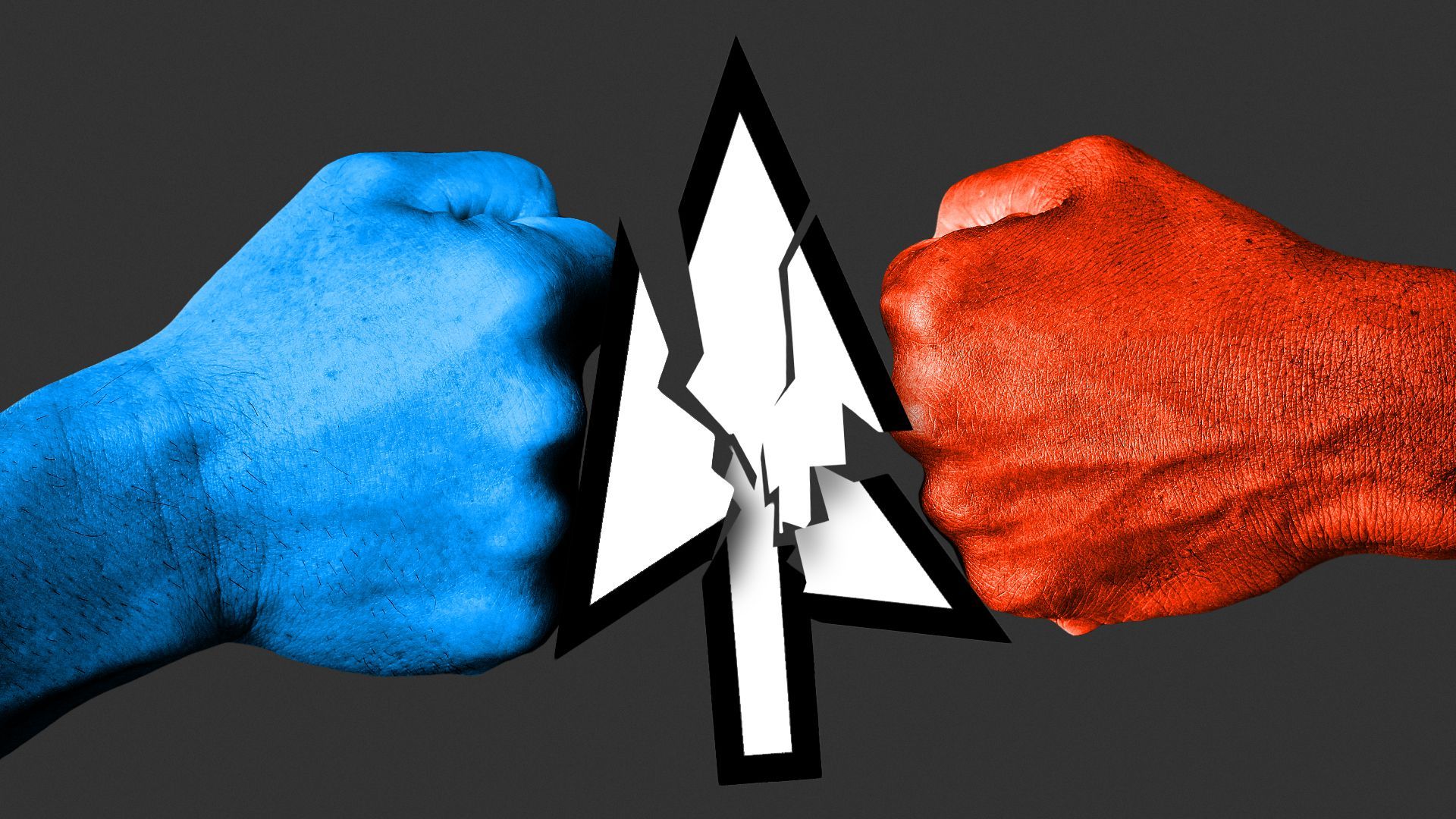 Illustration of two fists in blue and red punching either side of a cracking cursor arrow