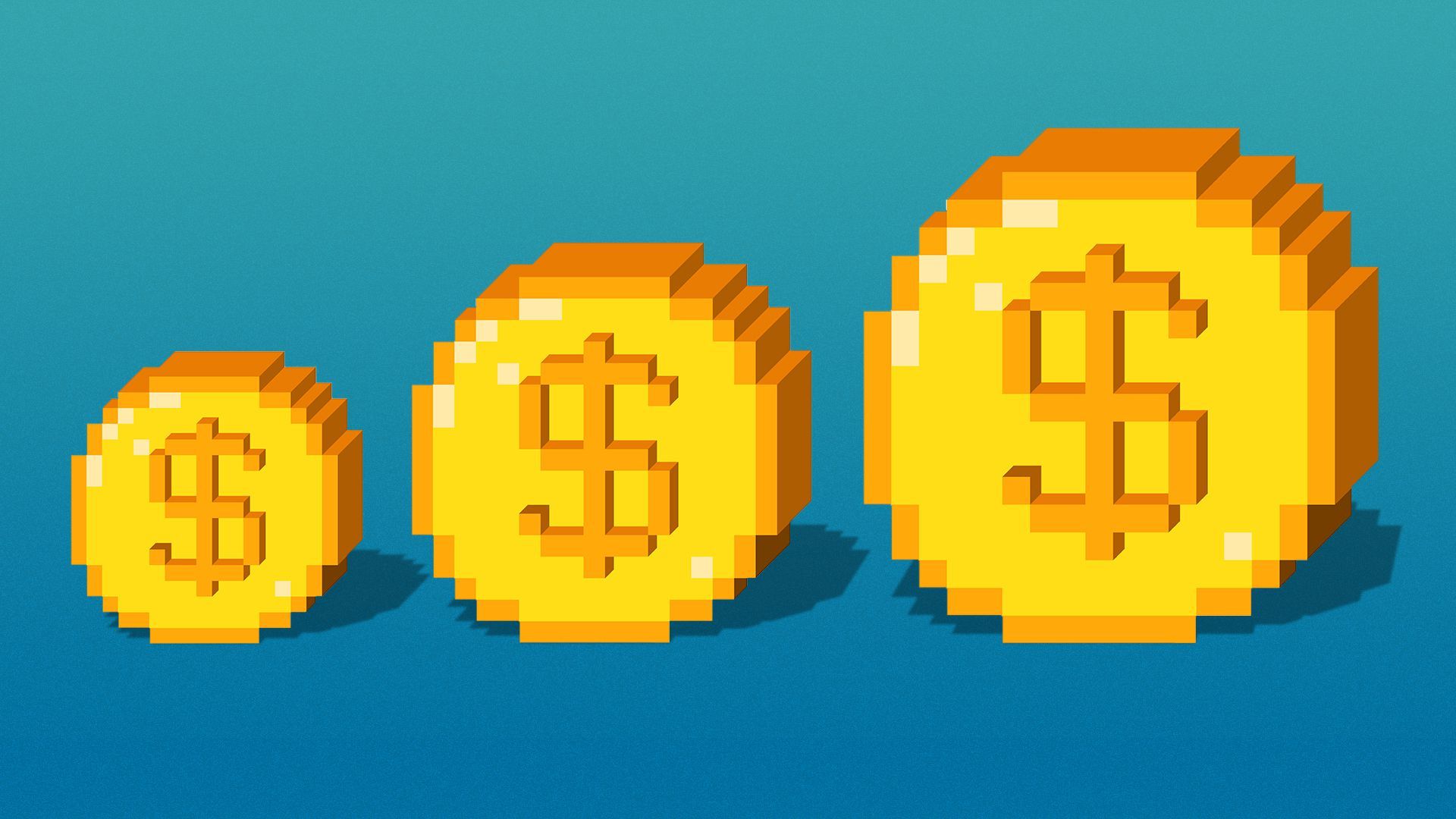 Illustration of pixelated game coins arranged in order of ascending size