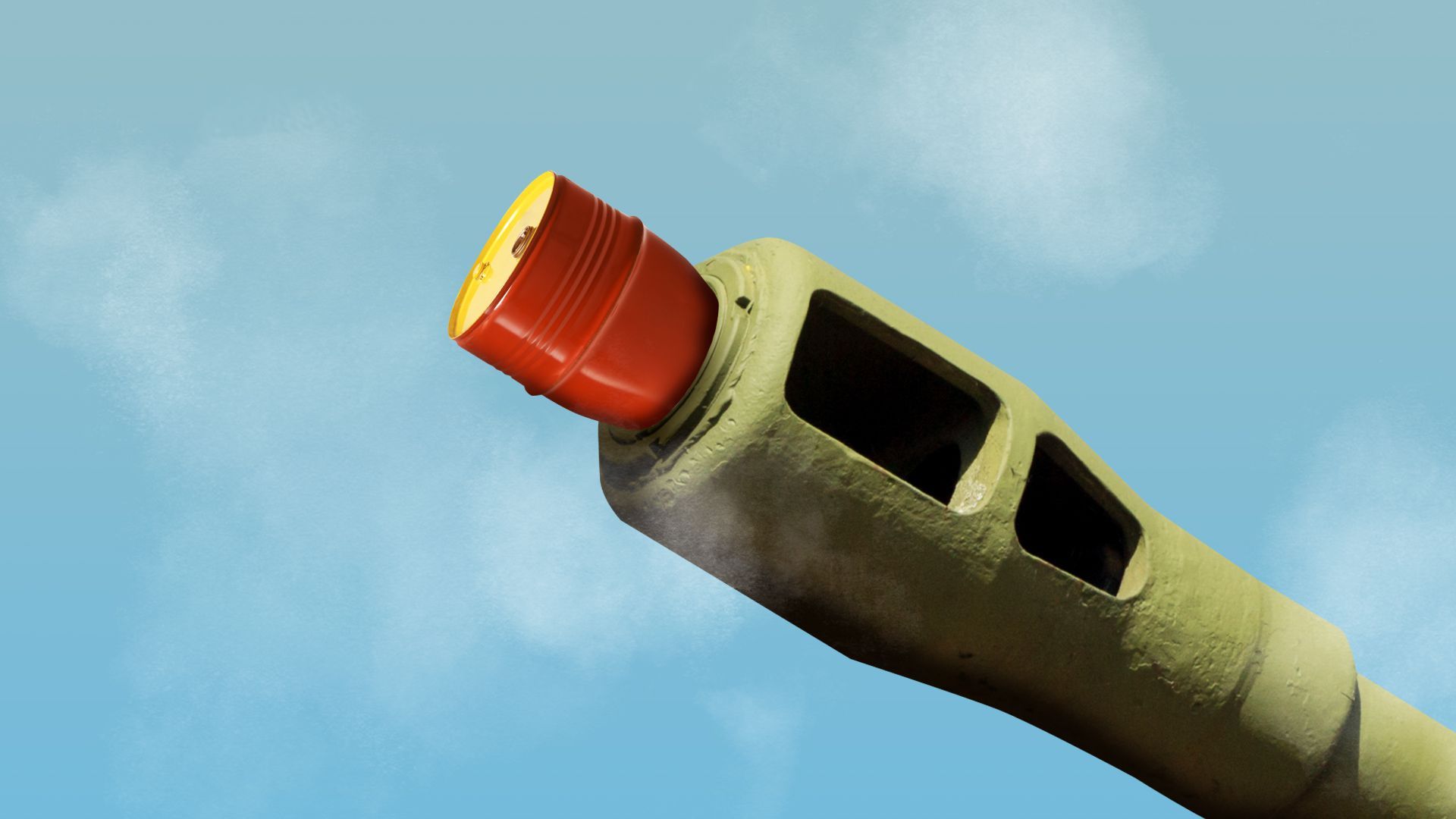Illustration of a tank gun barrel with an oil barrel shoved inside of it.   