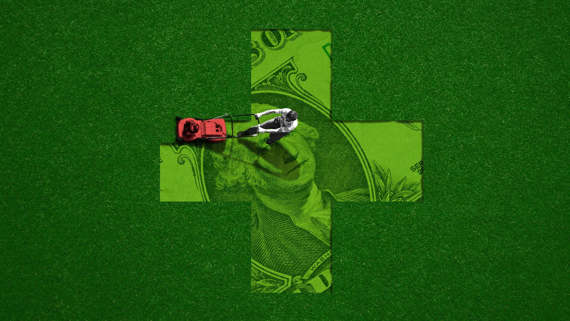 Illustration of a man mowing a lawn in the shape of a red cross, with a dollar revealed beneath