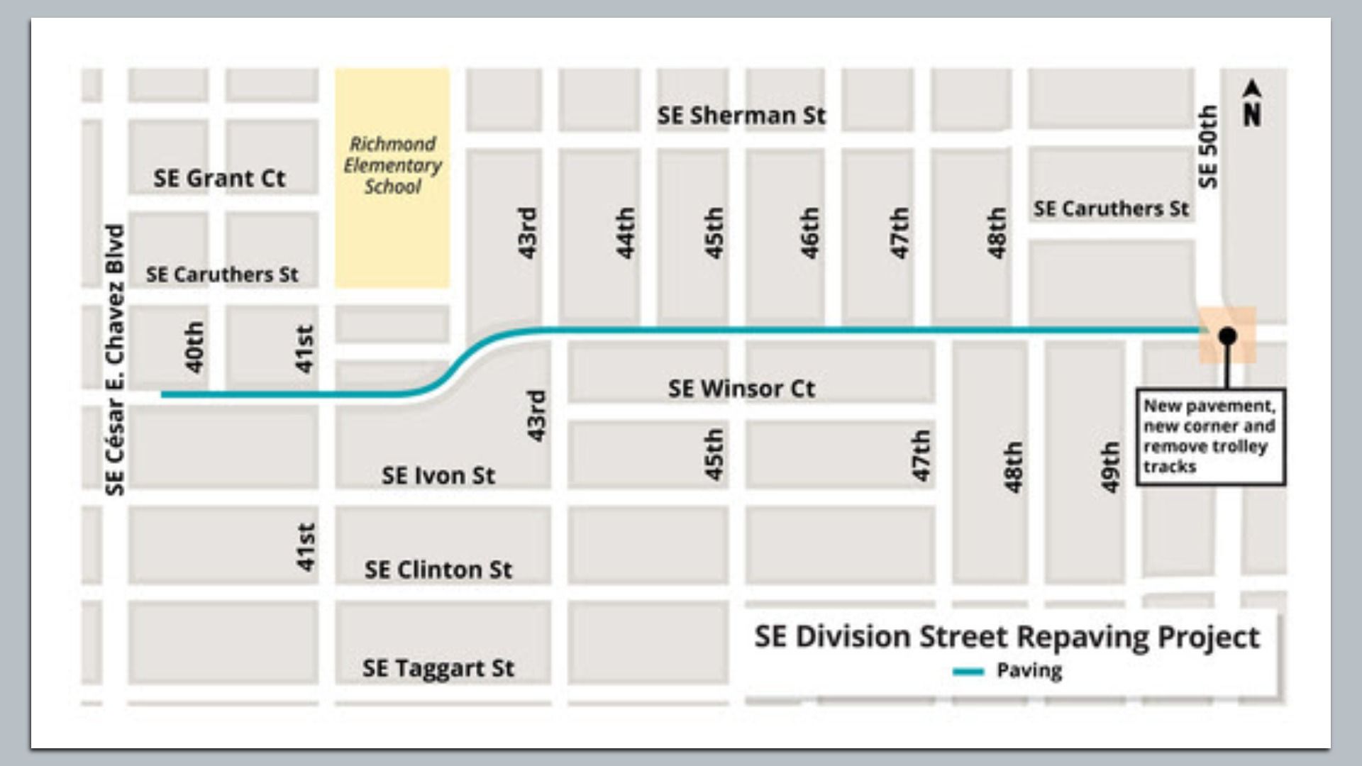 Map showing a cyan paving route along 43rd–48th from left to right, with SE Sherman St at top, SE Caruthers St on the right, Richmond Elementary School in yellow on the left, and a north arrow.