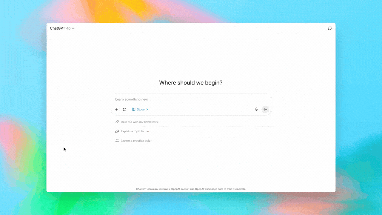 Animated screen recording of ChatGPT 4.0 interface showing a user selecting a study mode, typing a question, and receiving an answer on a white chat window with colorful background.