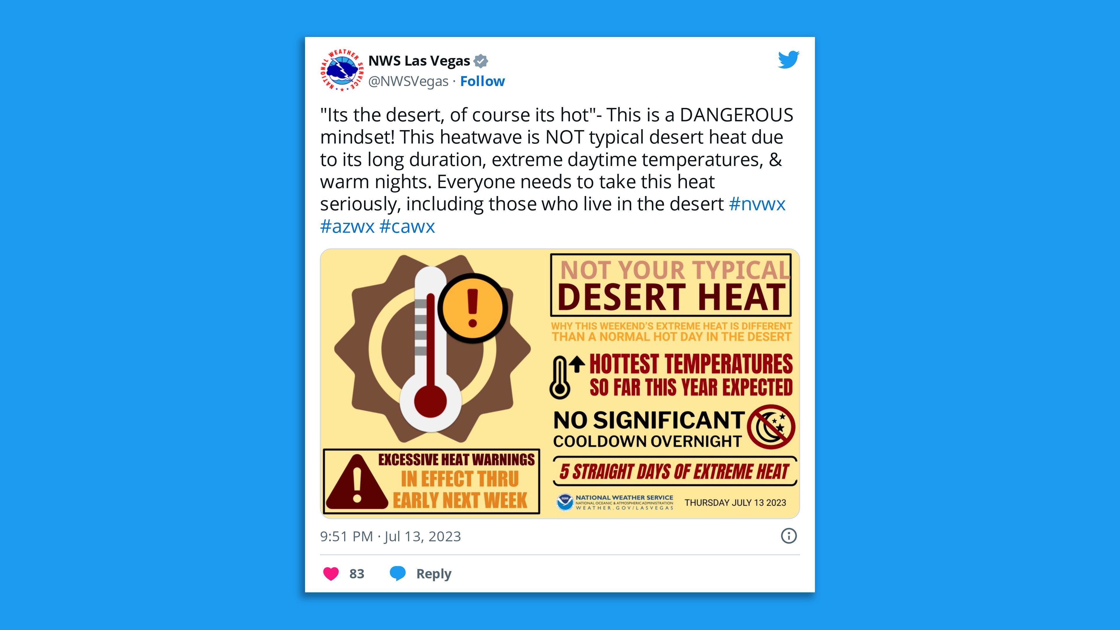 A screenshot of an NWS Las Vegas tweet saying: ""Its the desert, of course its hot"- This is a DANGEROUS mindset! This heatwave is NOT typical desert heat due to its long duration, extreme daytime temperatures, & warm nights. Everyone needs to take this heat seriously, including those who live in the desert."