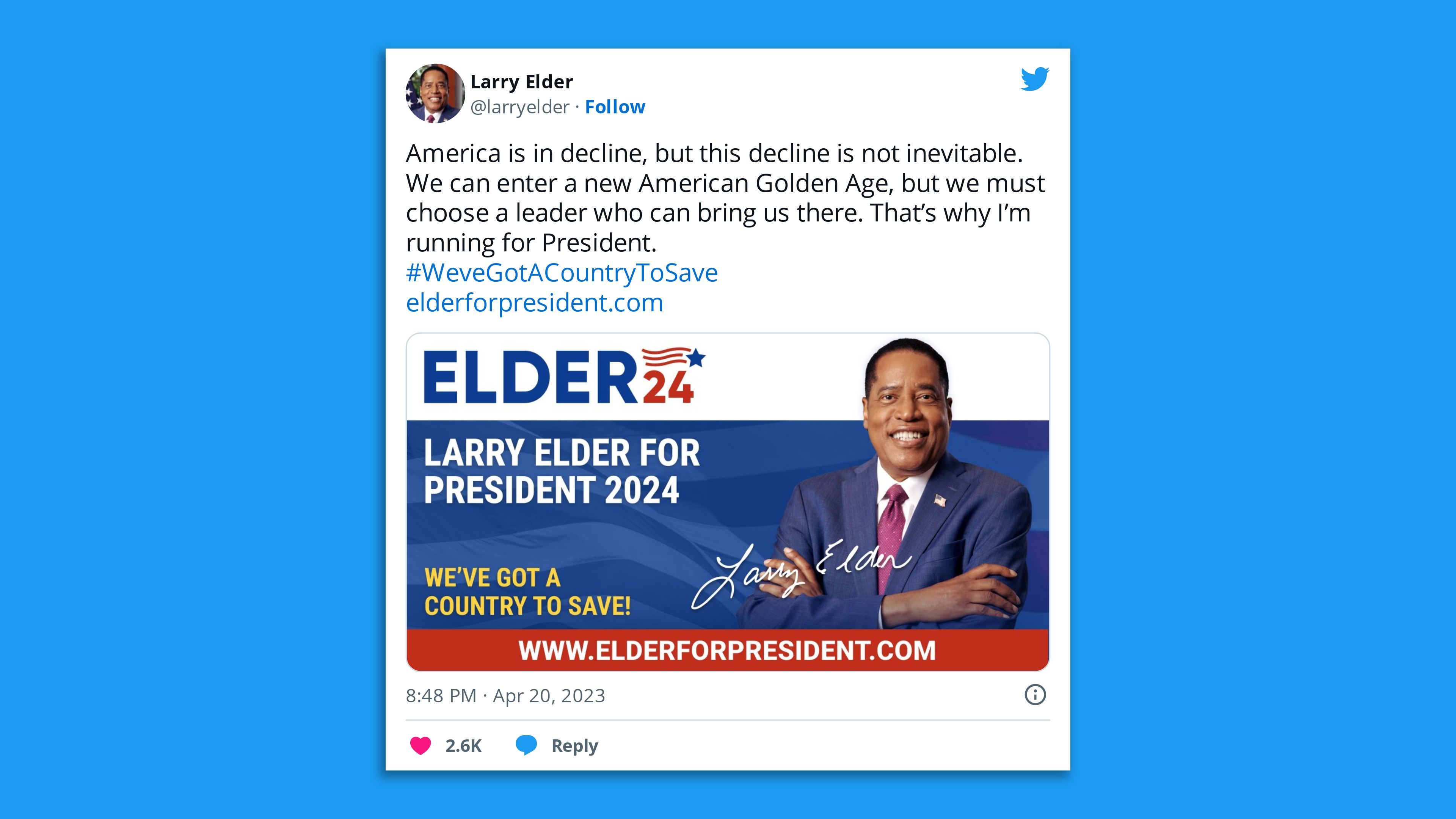 A tweet by radio host Larry Elder announcing he's running for president in 2024.