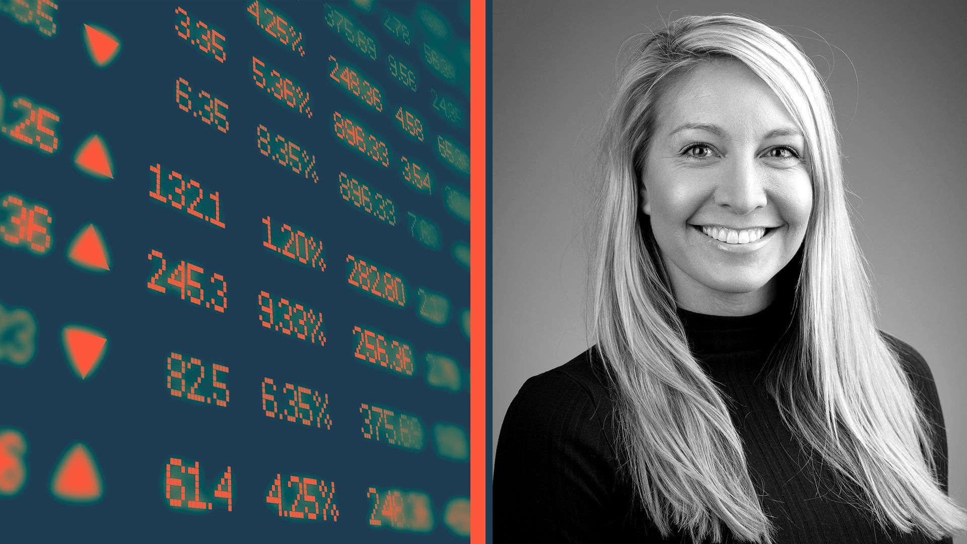 Photo illustration of Rachel Racz next to a photo of stock listings.