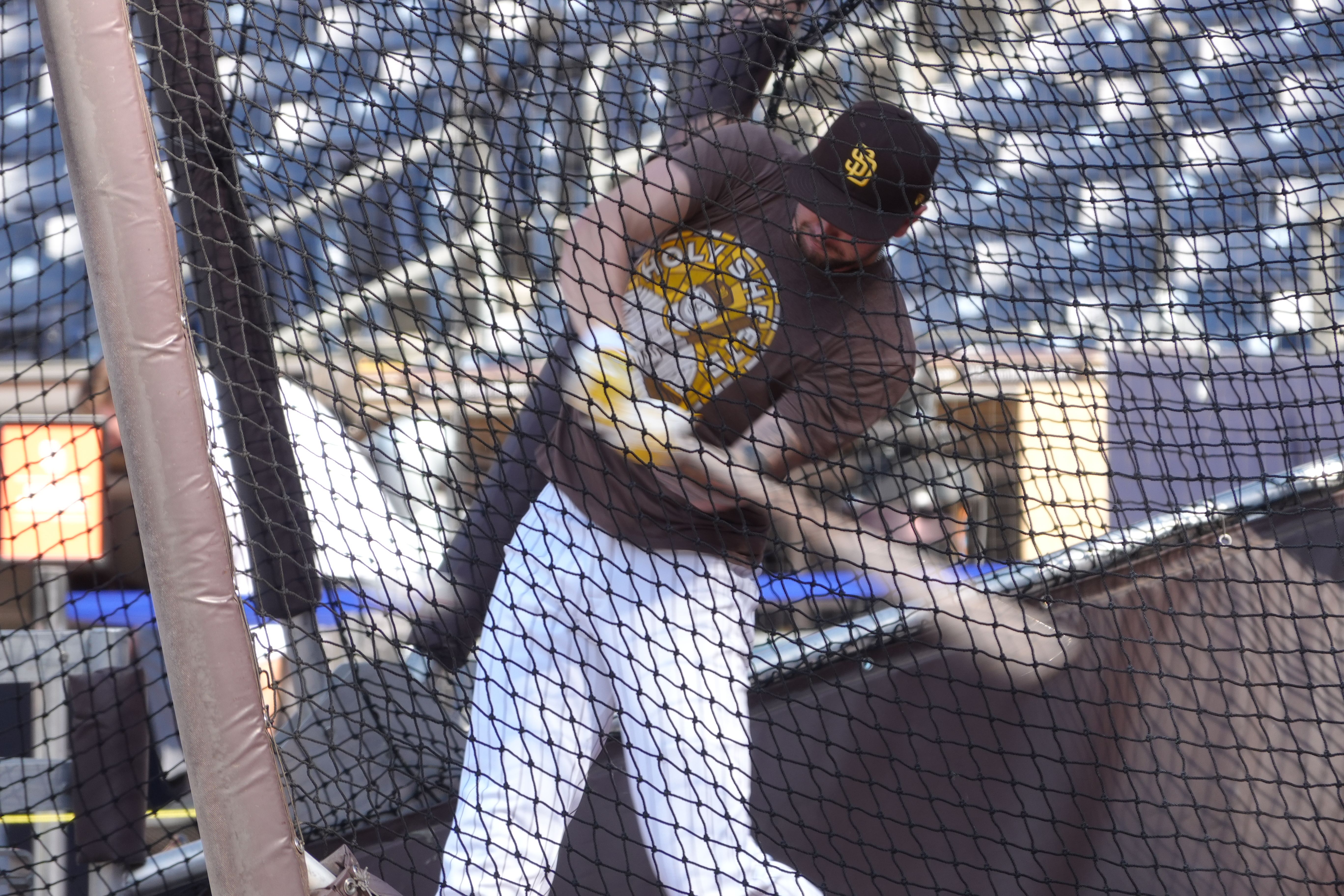Baseball player behind protective netting in a dugout, wearing a dark cap with a yellow emblem and a brown shirt with a circular yellow patch; blurred stands in the background.