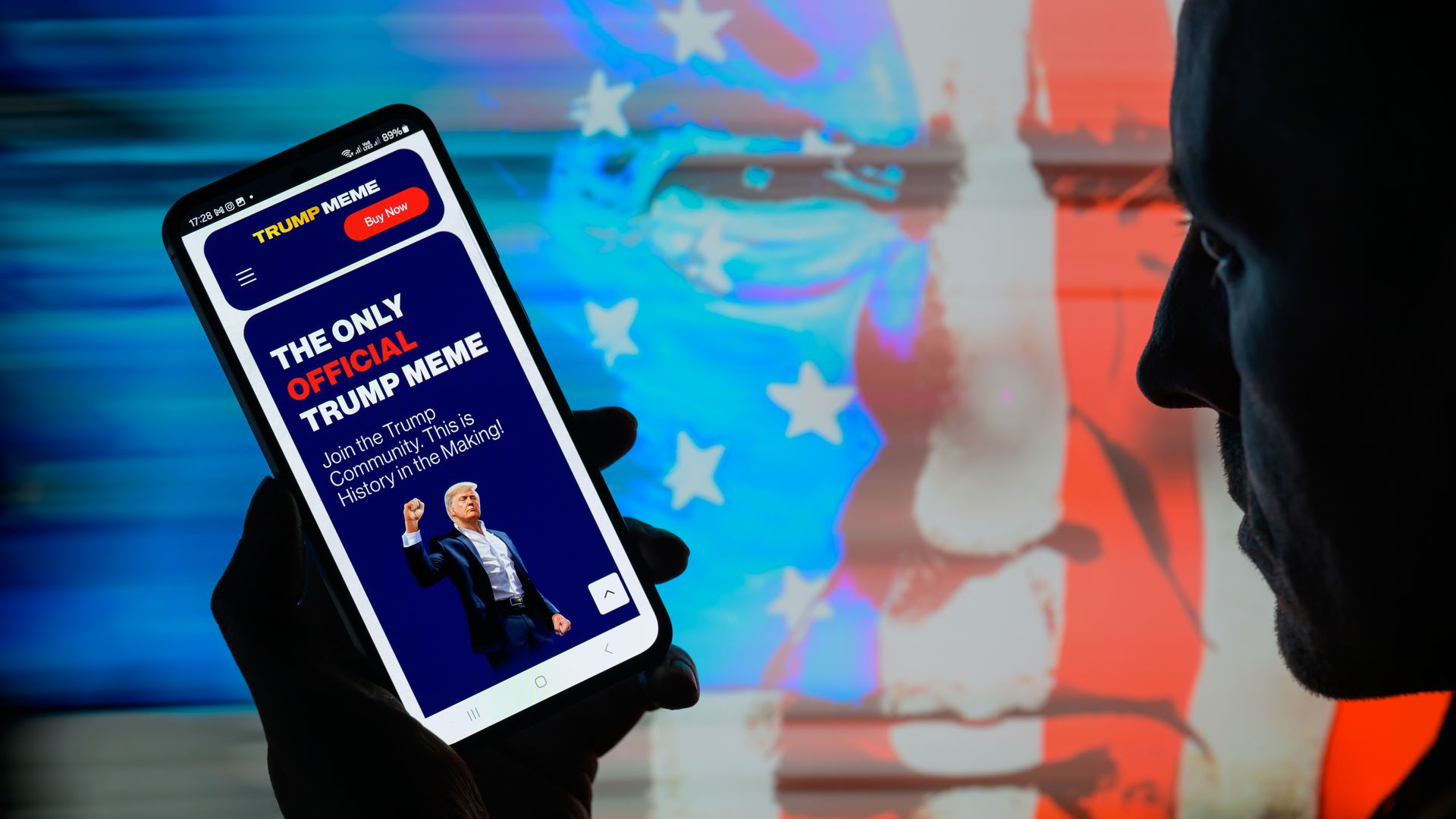 The Official Trump meme crypto coin web page is displayed on a mobile screen.