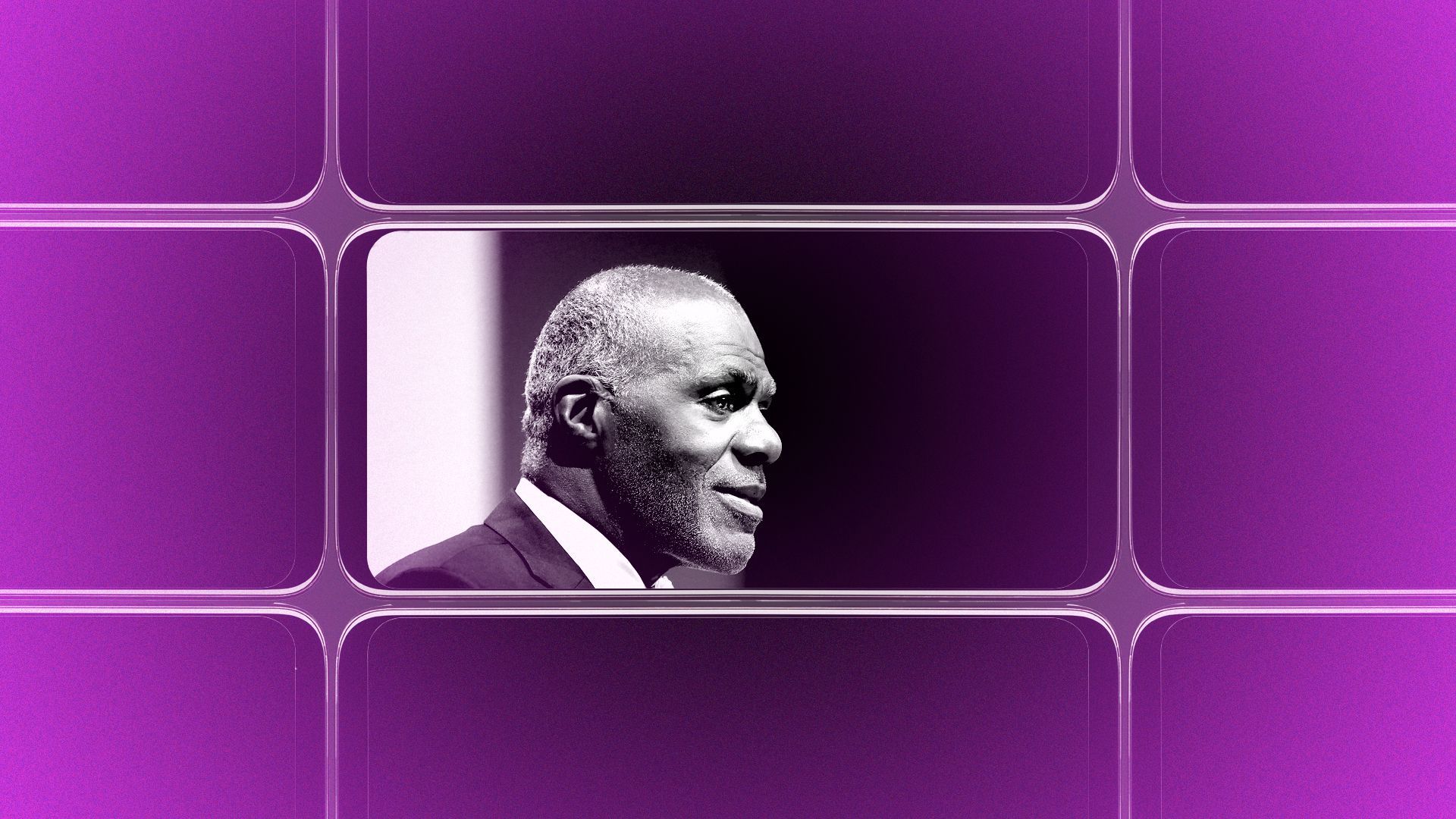 Photo illustration of a grid of smartphone screens, the center one showing an image of Alan Page.