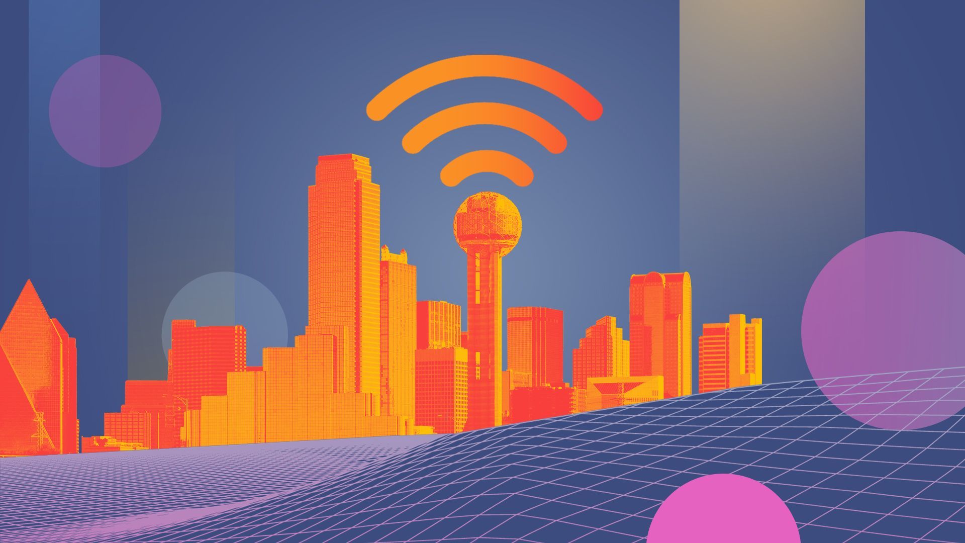 Illustration of a wireframe futuristic landscape with the skyline of Dallas and a wifi symbol in the sky.