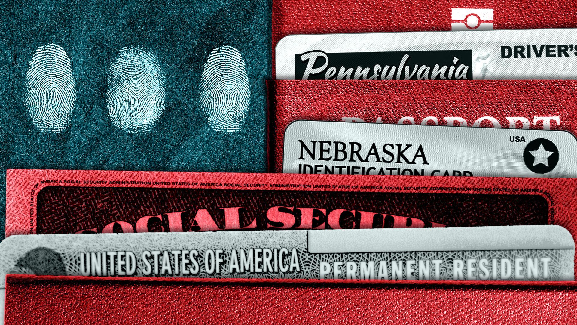 Illustration of an American flag with stripes made out of passports and ID cards and fingerprints for stars.