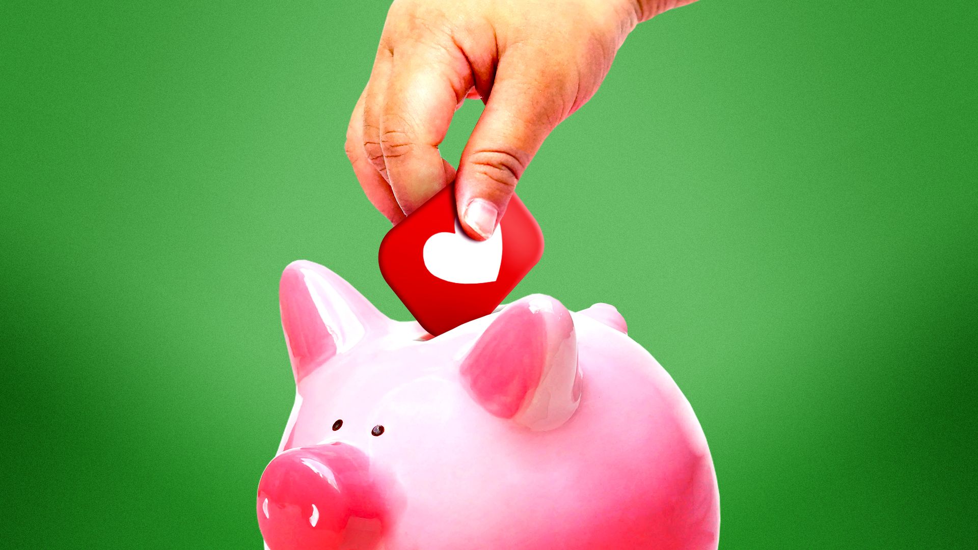 Illustration of a child's hand placing a social media like icon inside a piggy bank. 