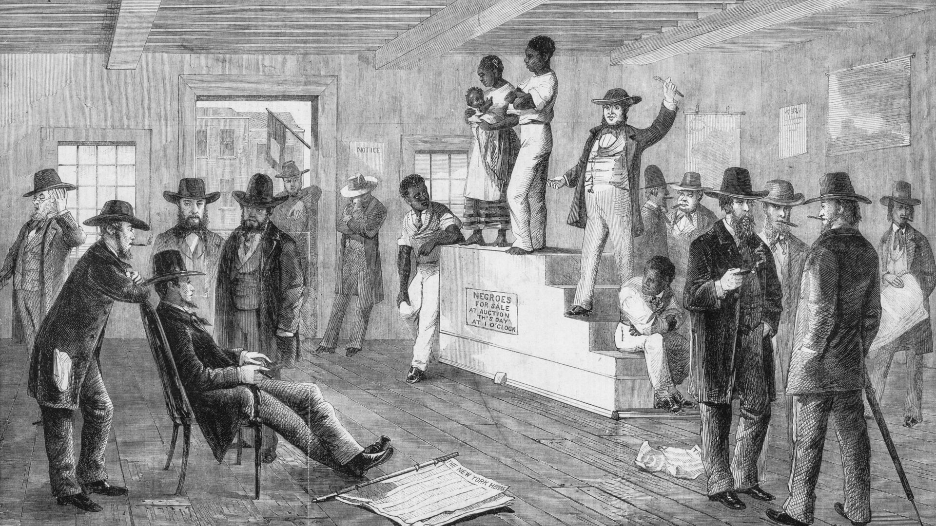 An etching from a painting of a slave auction in 1861 in Virginia.