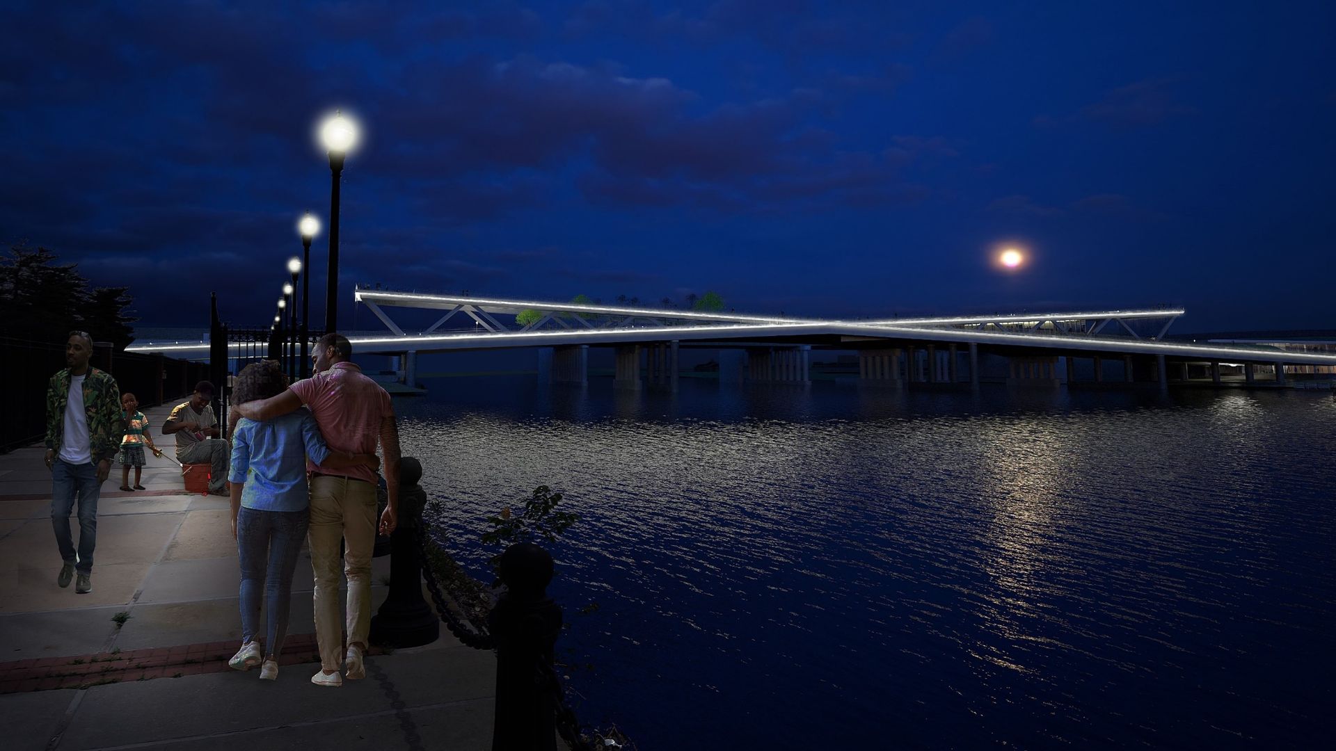 A rendering of 11th Street Bridge Park lit up in the evening