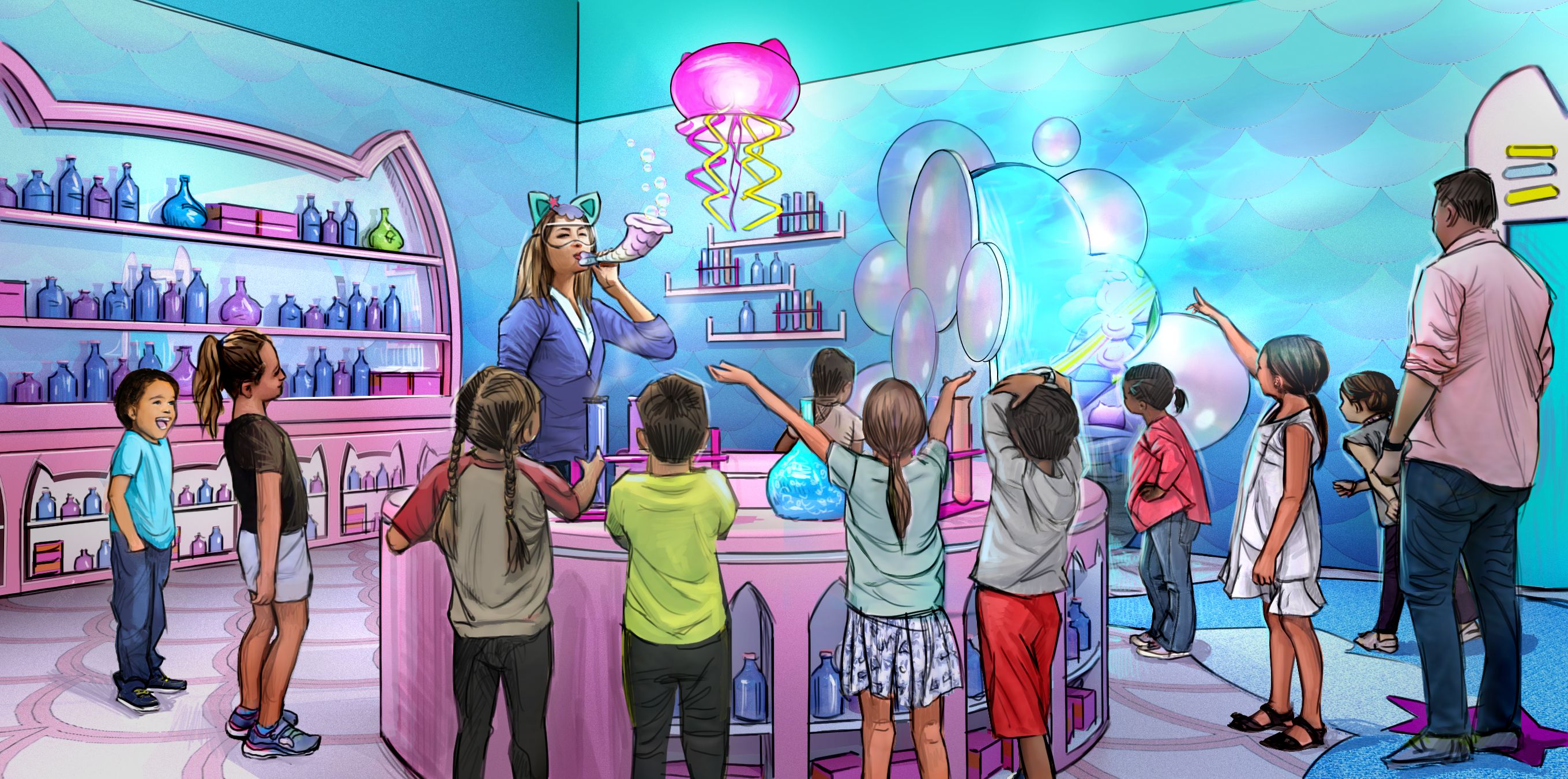 A woman wearing cat ears and glasses blows bubbles with a horn in a colorful, whimsical room filled with children watching and reaching towards the bubbles and glowing decorations on walls.