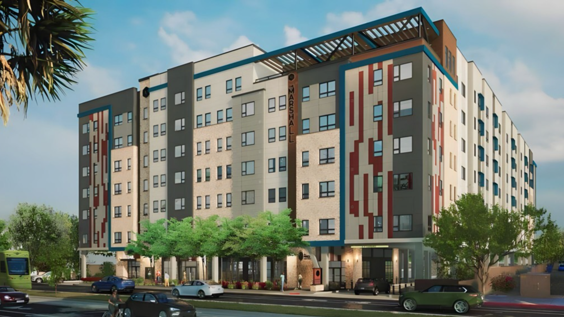 A rendering of an apartment complex. 