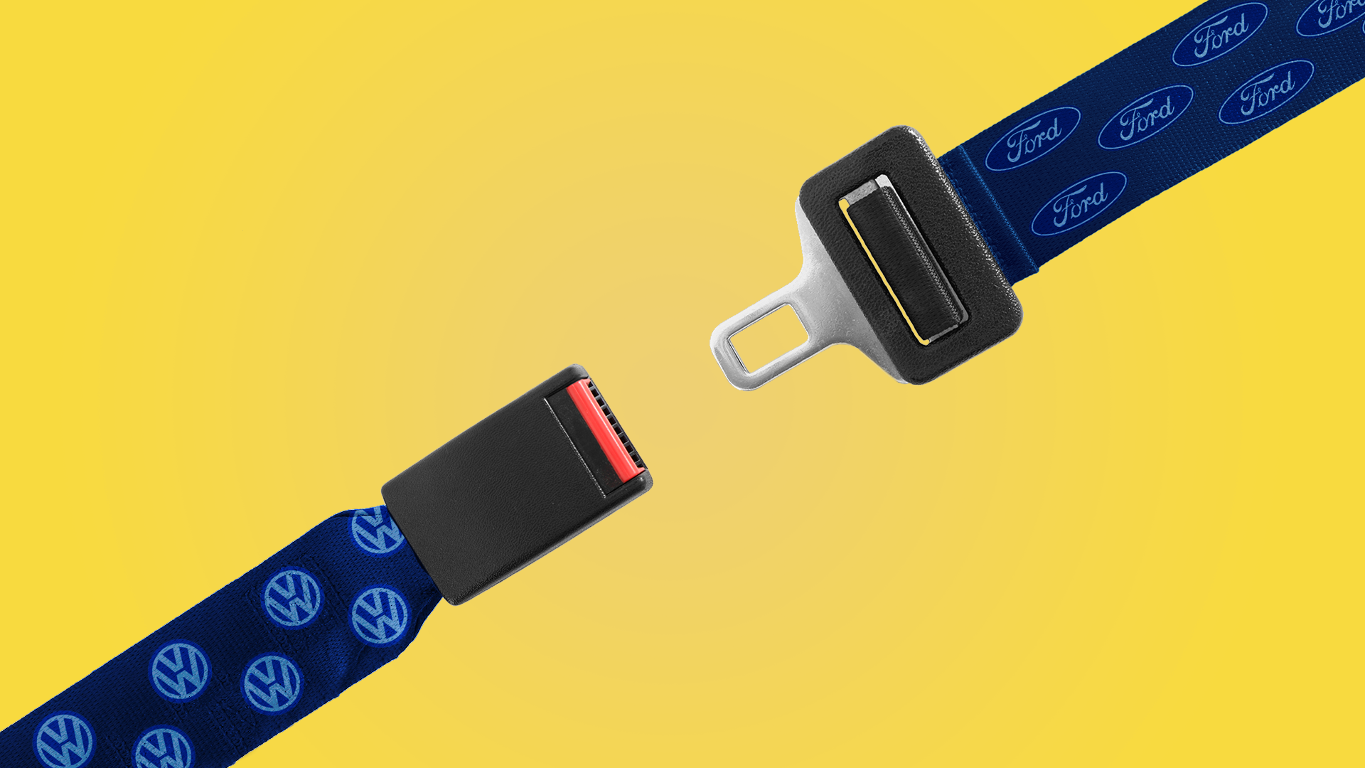 Illustration of a seat belt coming together with one part of the belt covered in a Ford logo pattern and the other in a VW logo pattern.