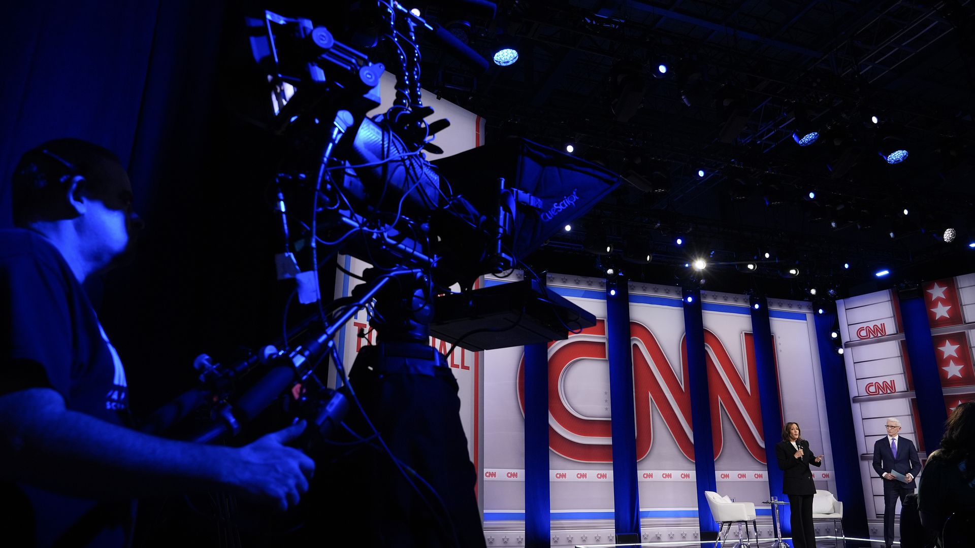 ASTON, PENNSYLVANIA - OCTOBER 23: Democratic presidential nominee, U.S. Vice President Kamala Harris speaks as CNN moderator Anderson Cooper looks on during a Presidential Town Hall event at Sun Center Studios on October 23, 2024 in Aston, Pennsylvania. With less than two weeks to Election Day, Harr