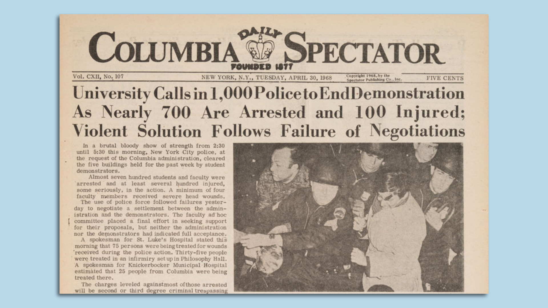 Columbia Daily Spectator from 55 years ago yesterday, when police were also called onto campus.