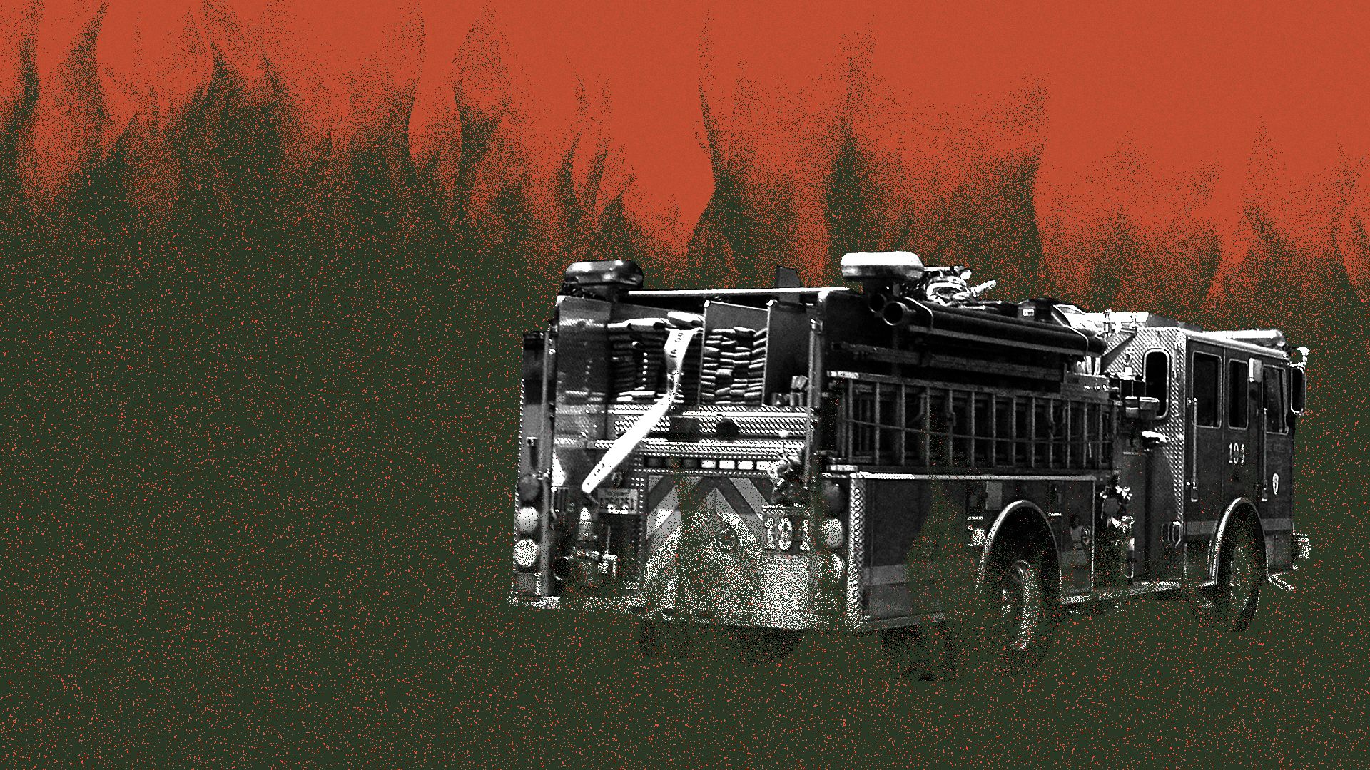 Photo illustration of a fire engine against a background of fire and smoke.